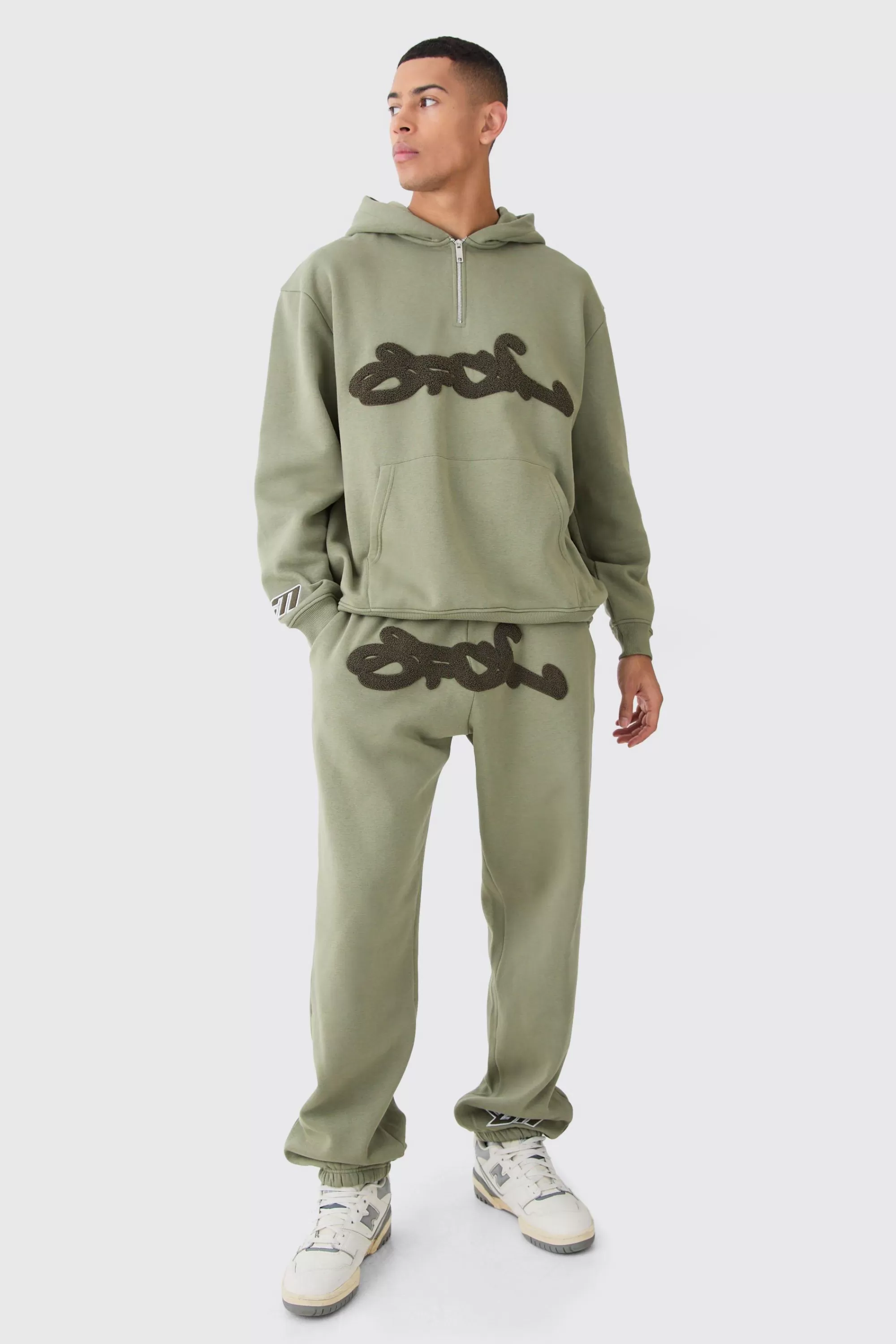 boohooMAN 1/4 Zip Oversized Towelling Applique Tracksuit | UK