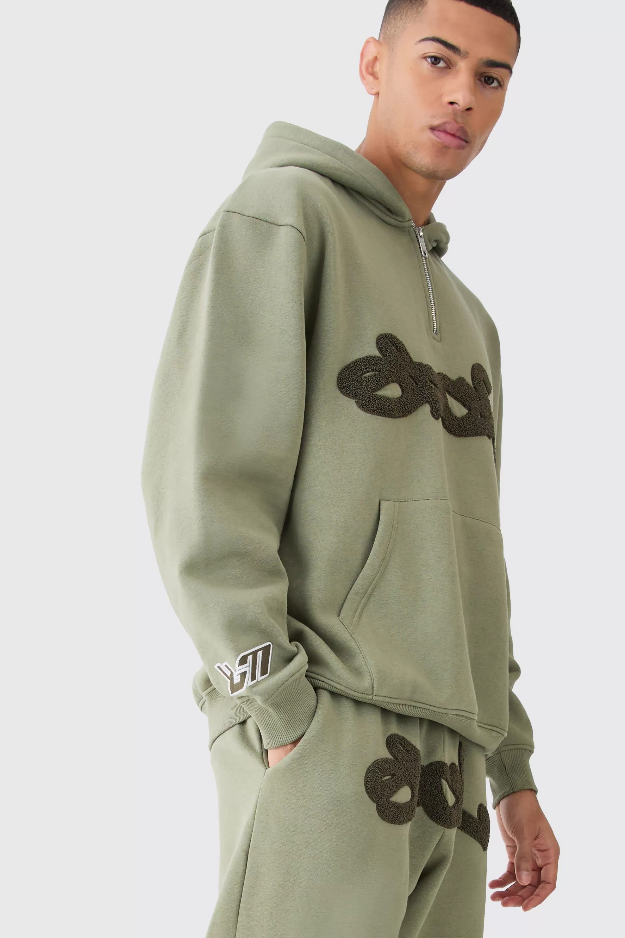 boohooMAN 1/4 Zip Oversized Towelling Applique Tracksuit | UK