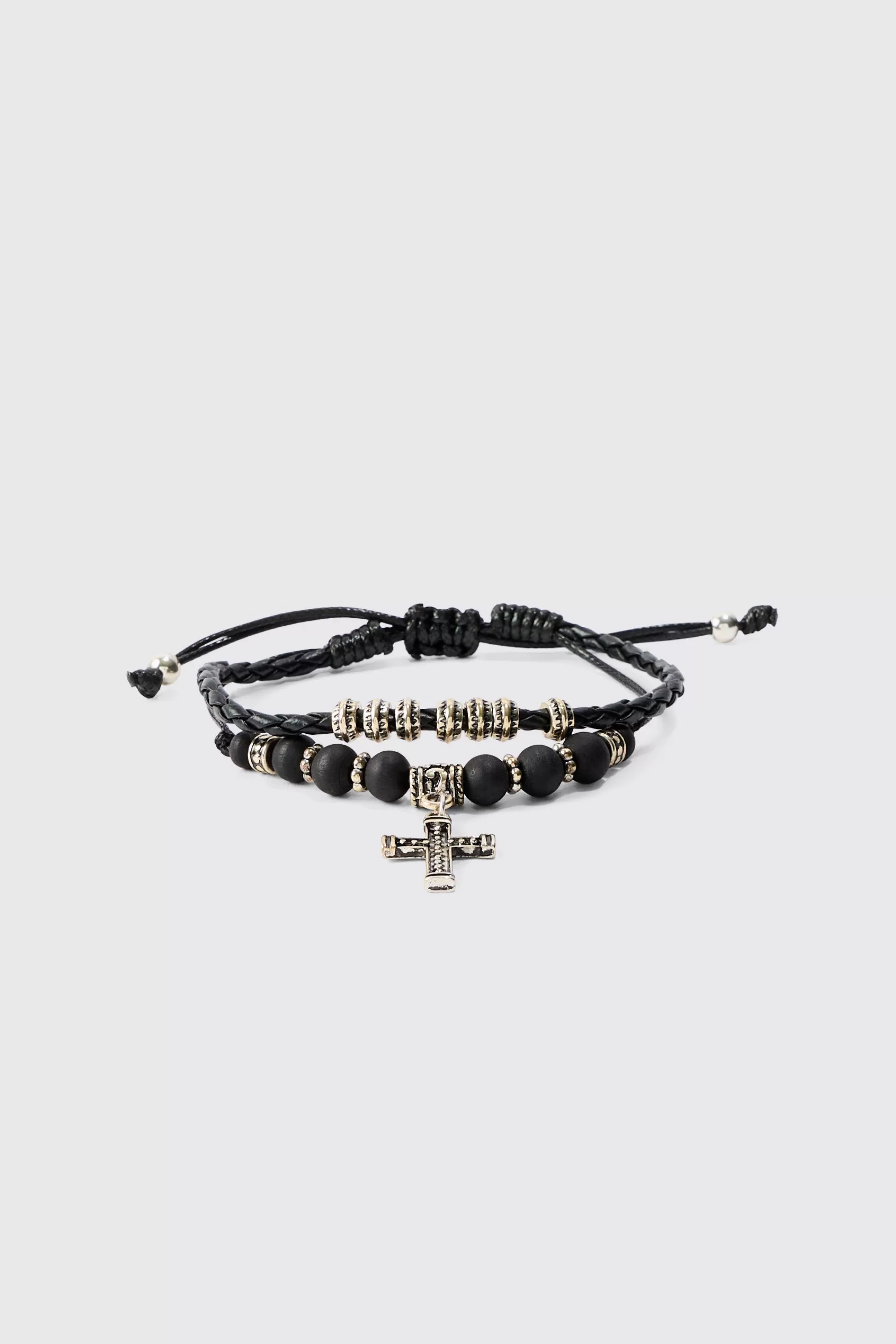 boohooMAN 2 Pack Adjustable Cross Pendant Bracelets In | UK