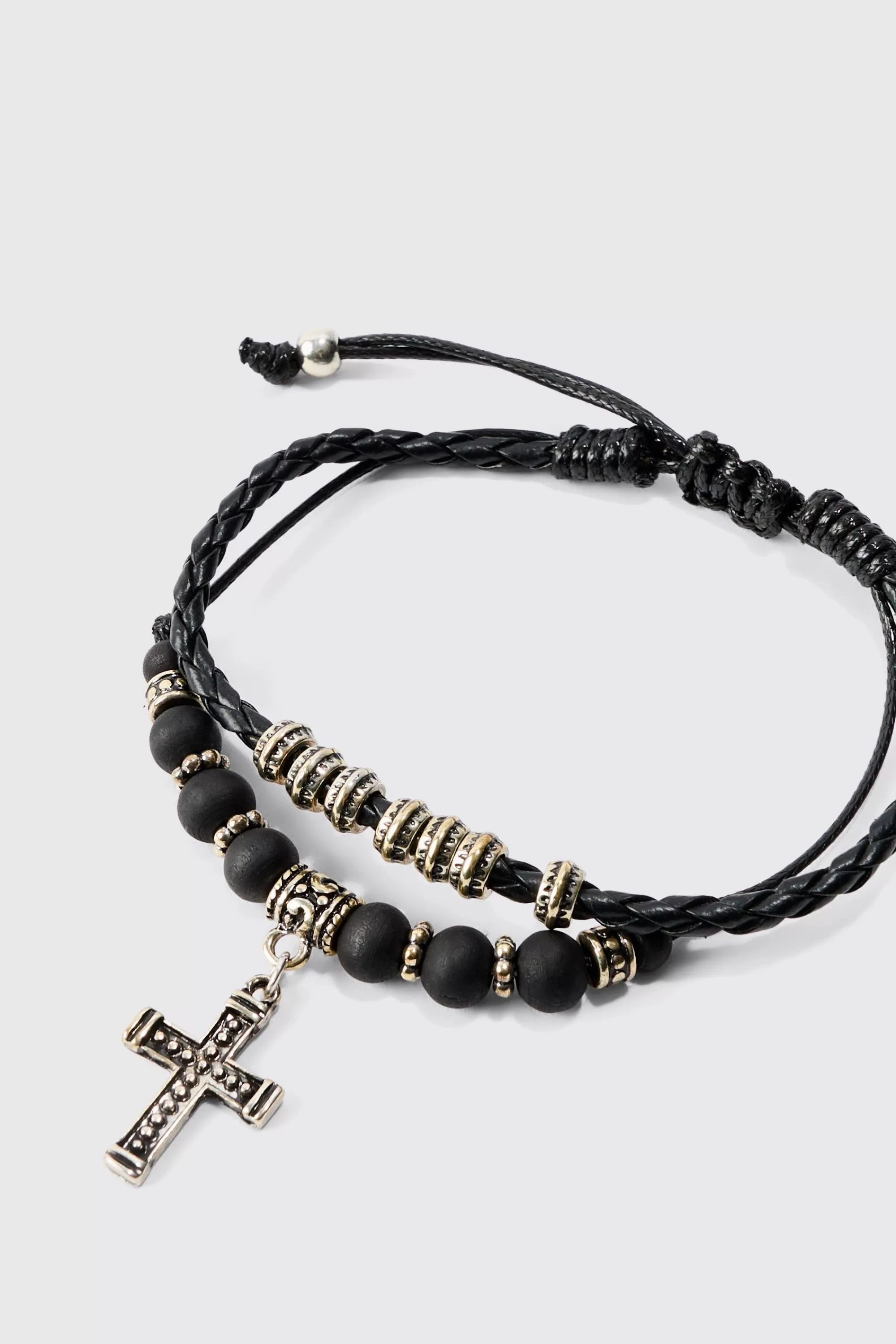 boohooMAN 2 Pack Adjustable Cross Pendant Bracelets In | UK
