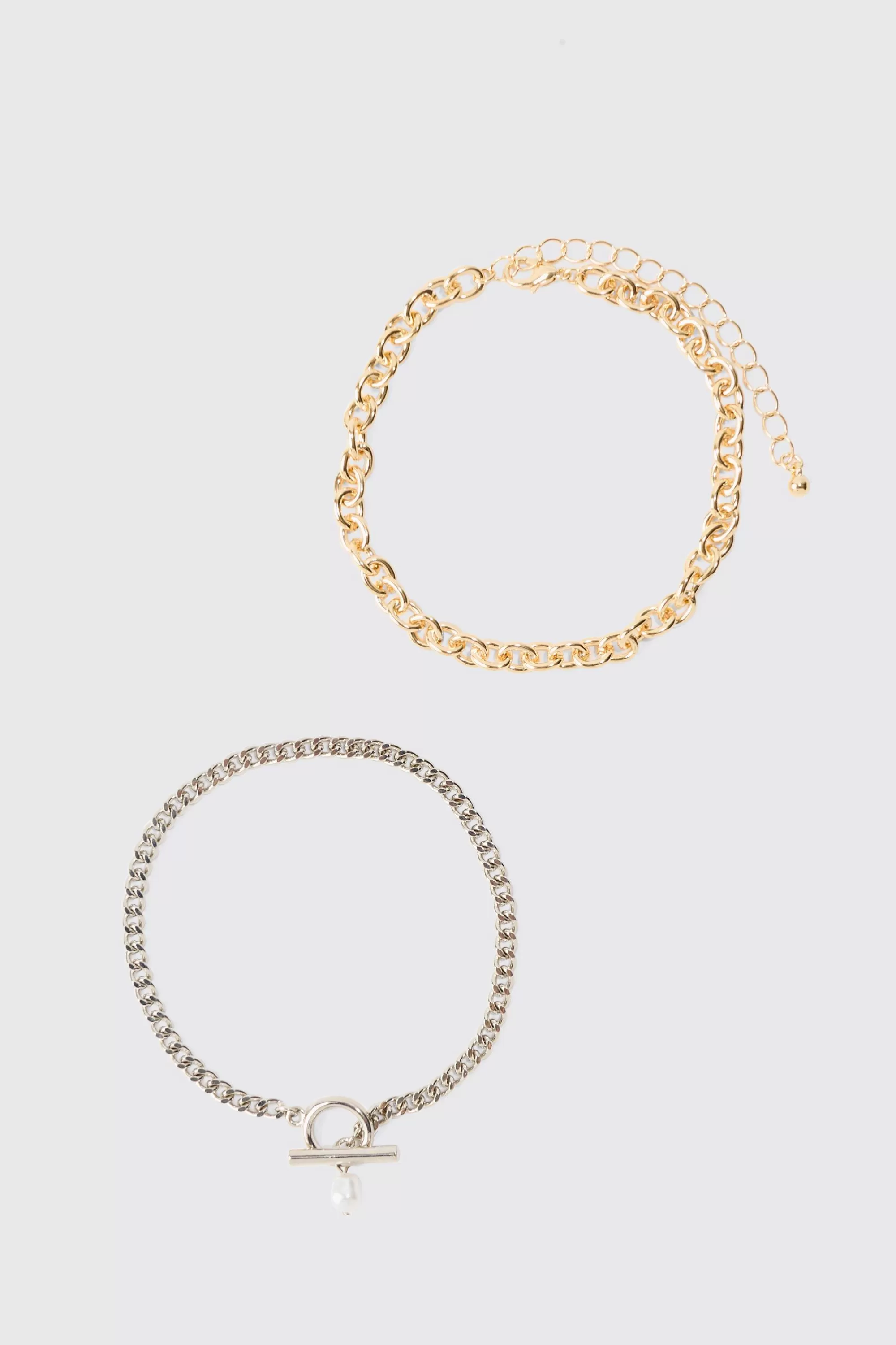 boohooMAN 2 Pack Mixed Metal Pearl Pendant Bracelets | UK