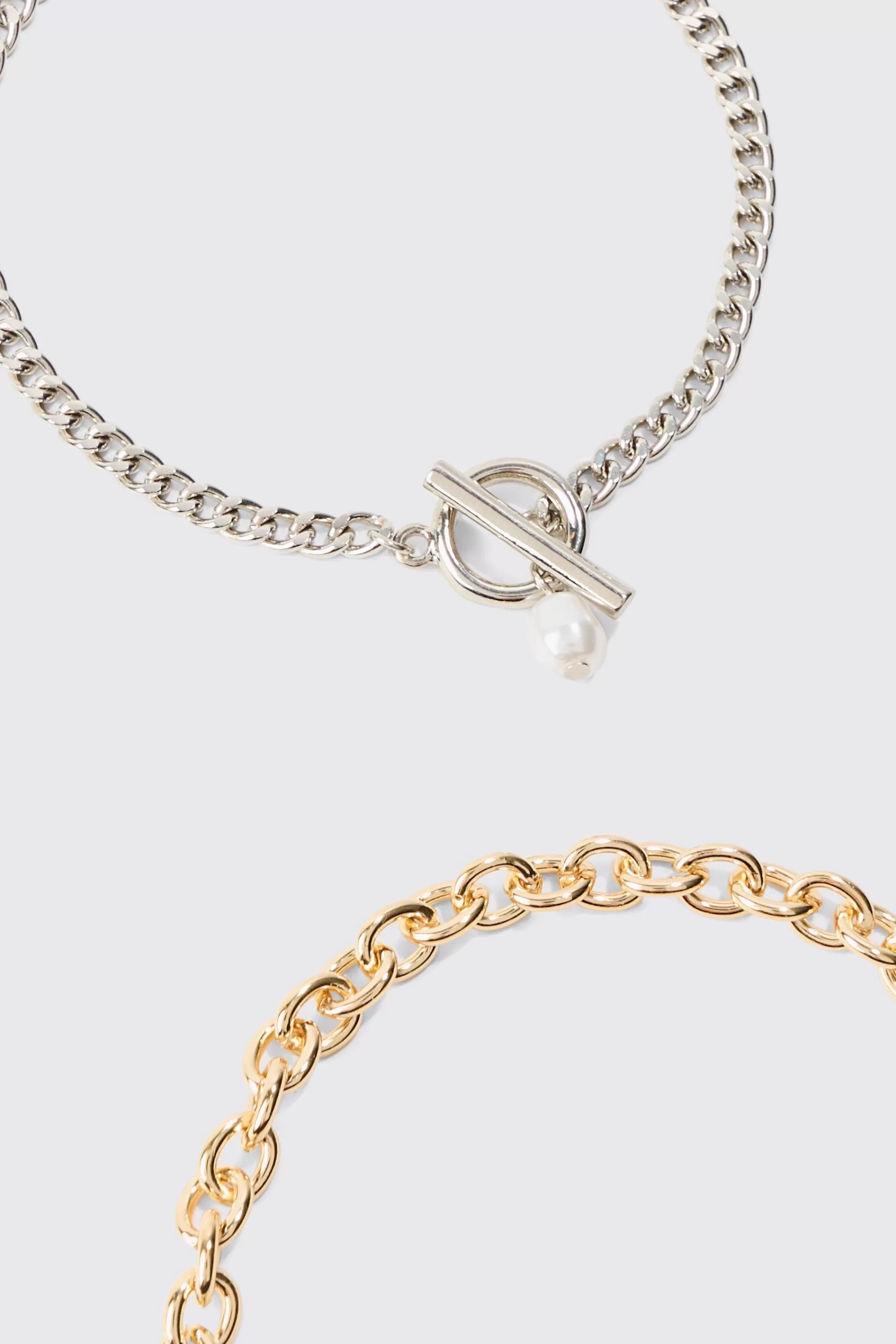 boohooMAN 2 Pack Mixed Metal Pearl Pendant Bracelets | UK
