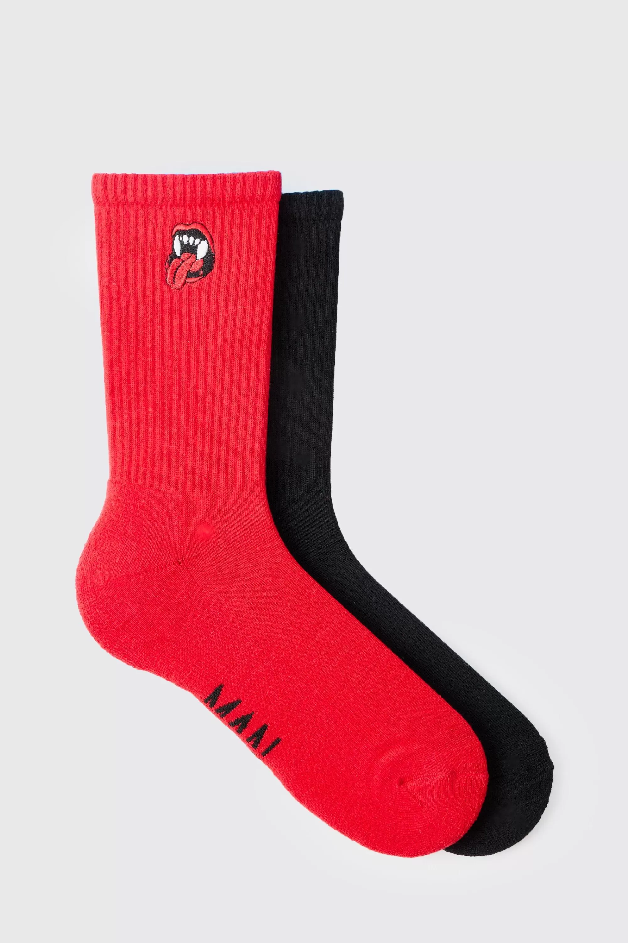 boohooMAN 2 Pack Mouth & Fangs Embroidered Socks | UK