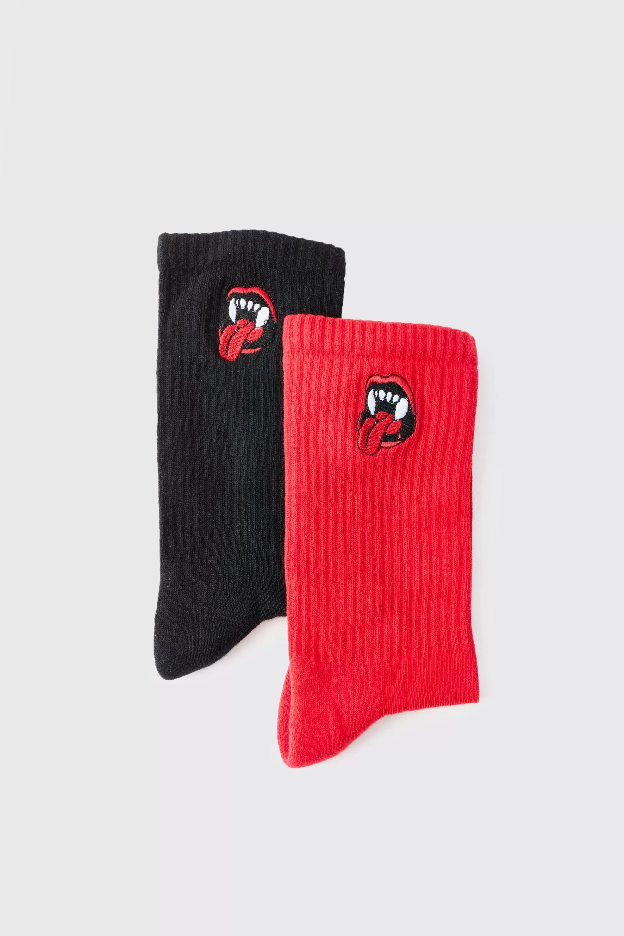 boohooMAN 2 Pack Mouth & Fangs Embroidered Socks | UK