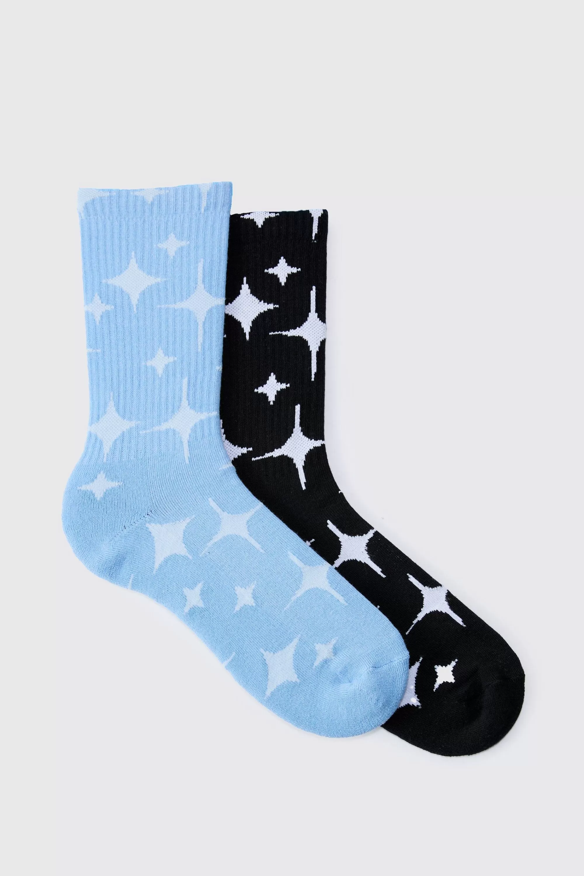 boohooMAN 2 Pack Star Graphic Ribbed Socks | UK