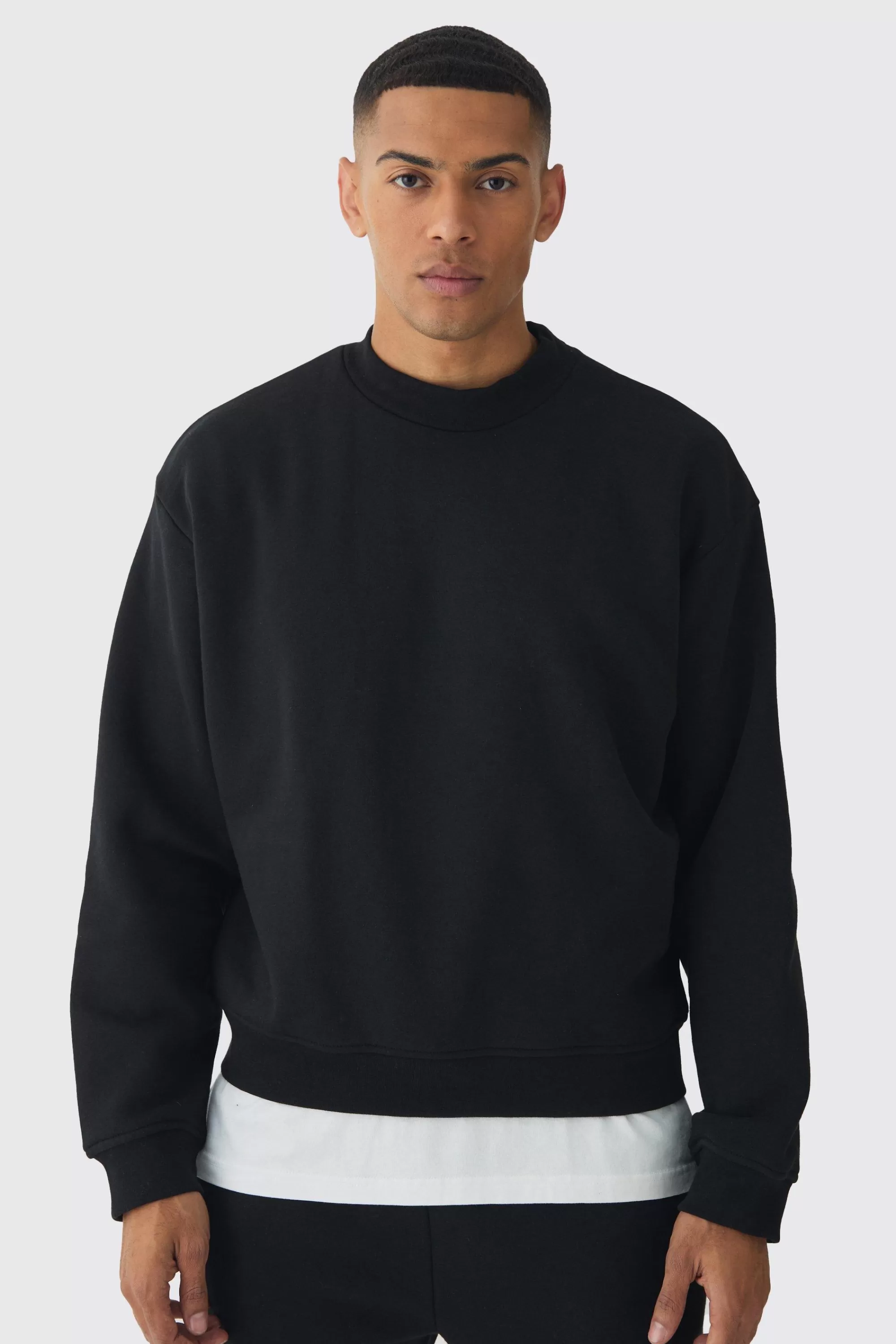boohooMAN 330GSM Oversized Boxy Extended Neck Limited High Build Print Sweatshirt | UK