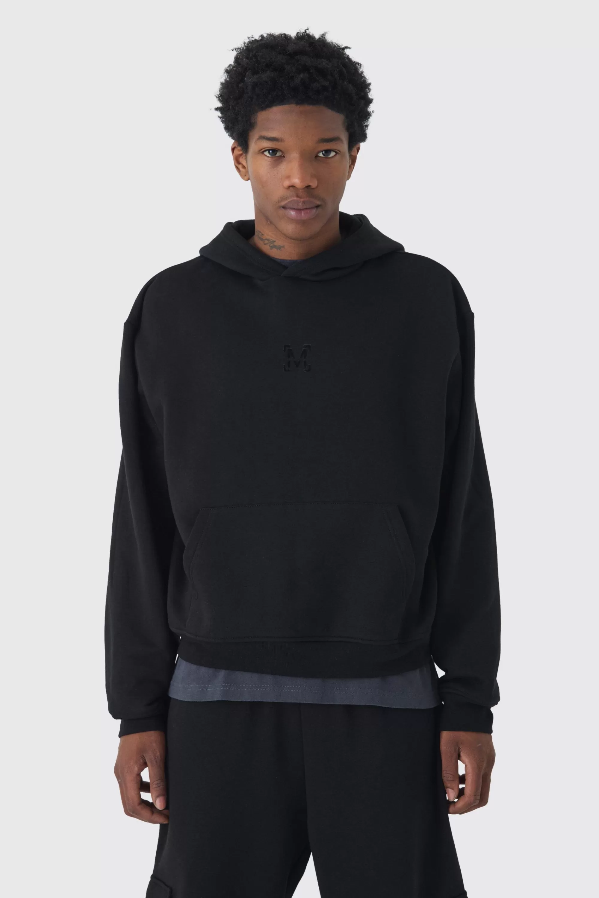 boohooMAN 330GSM Oversized Boxy M Flocked Hoodie | UK