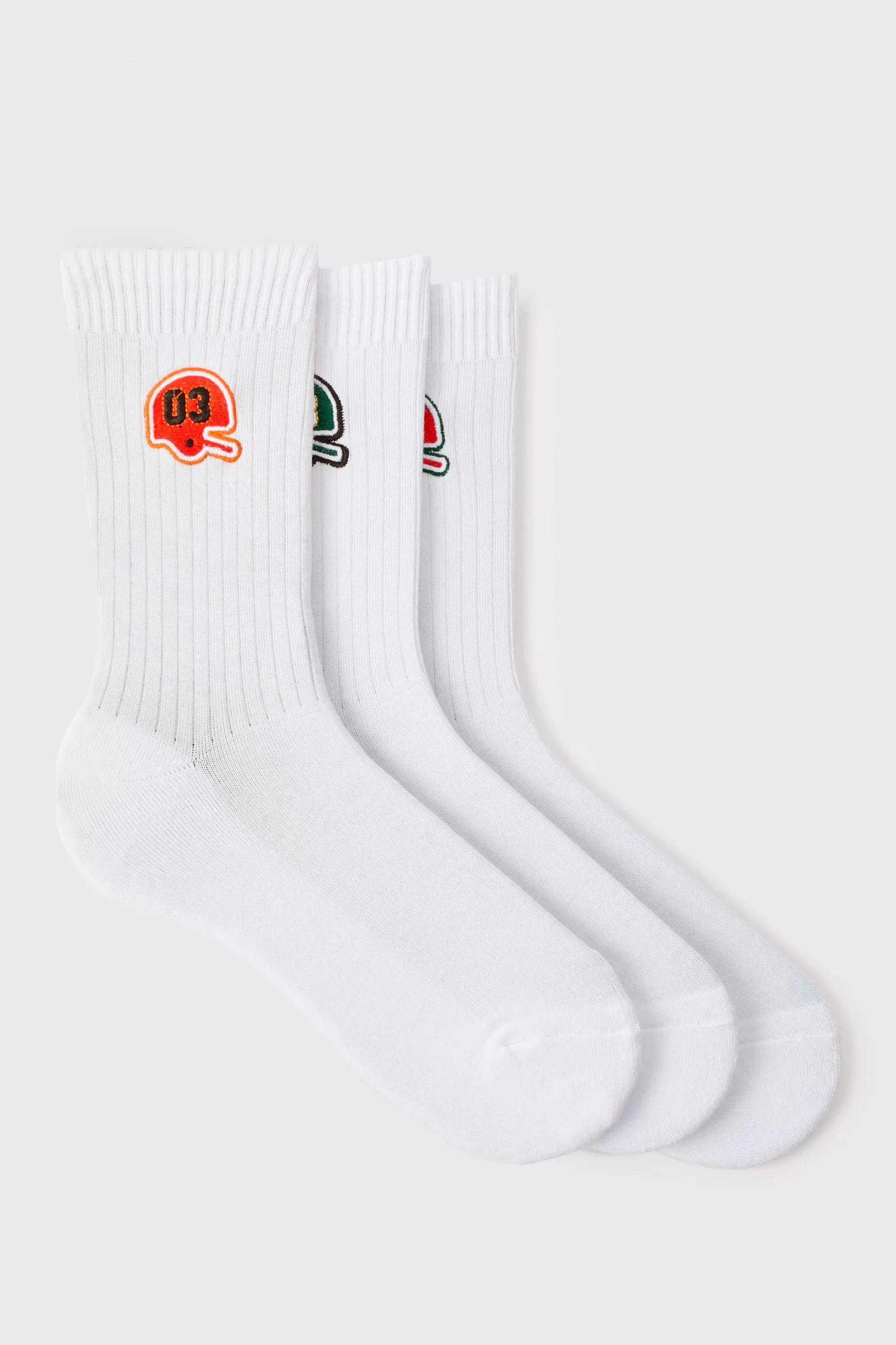 boohooMAN 3 Pack Embroidered Varsity Socks | UK