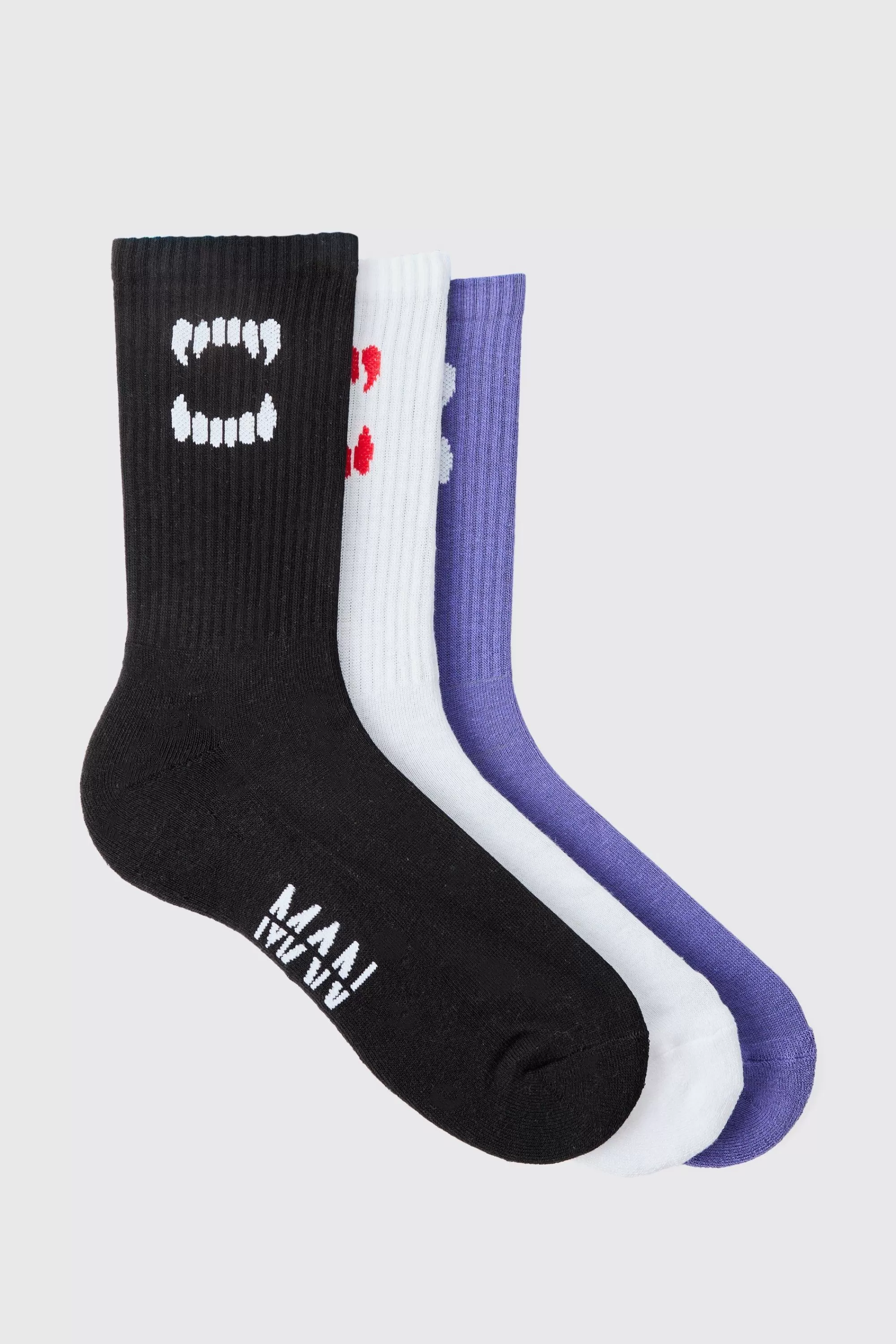 boohooMAN 3 Pack Fang Ribbed Socks | UK