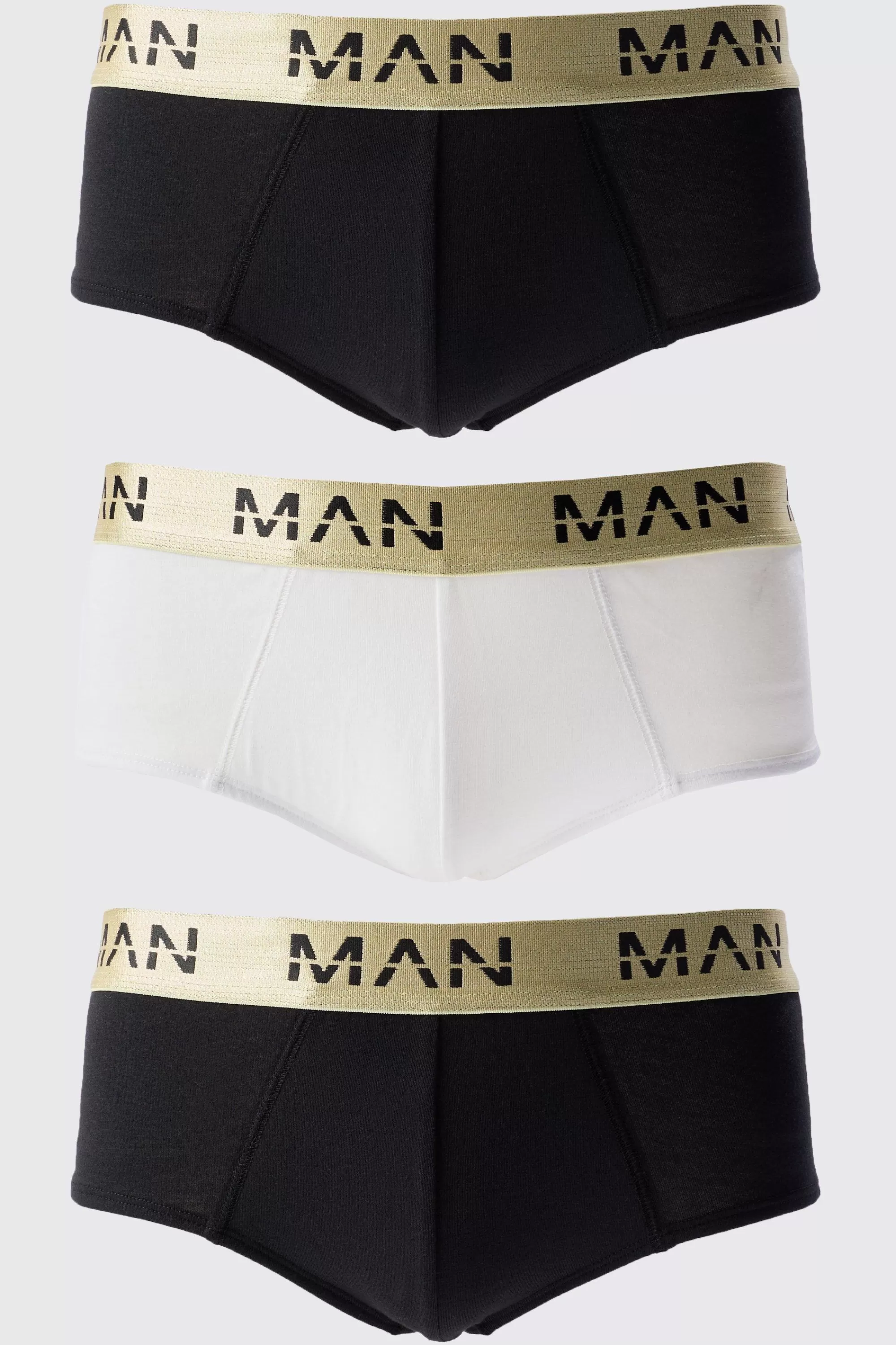 boohooMAN 3 Pack Man Roman Gold Waistband Briefs In | UK