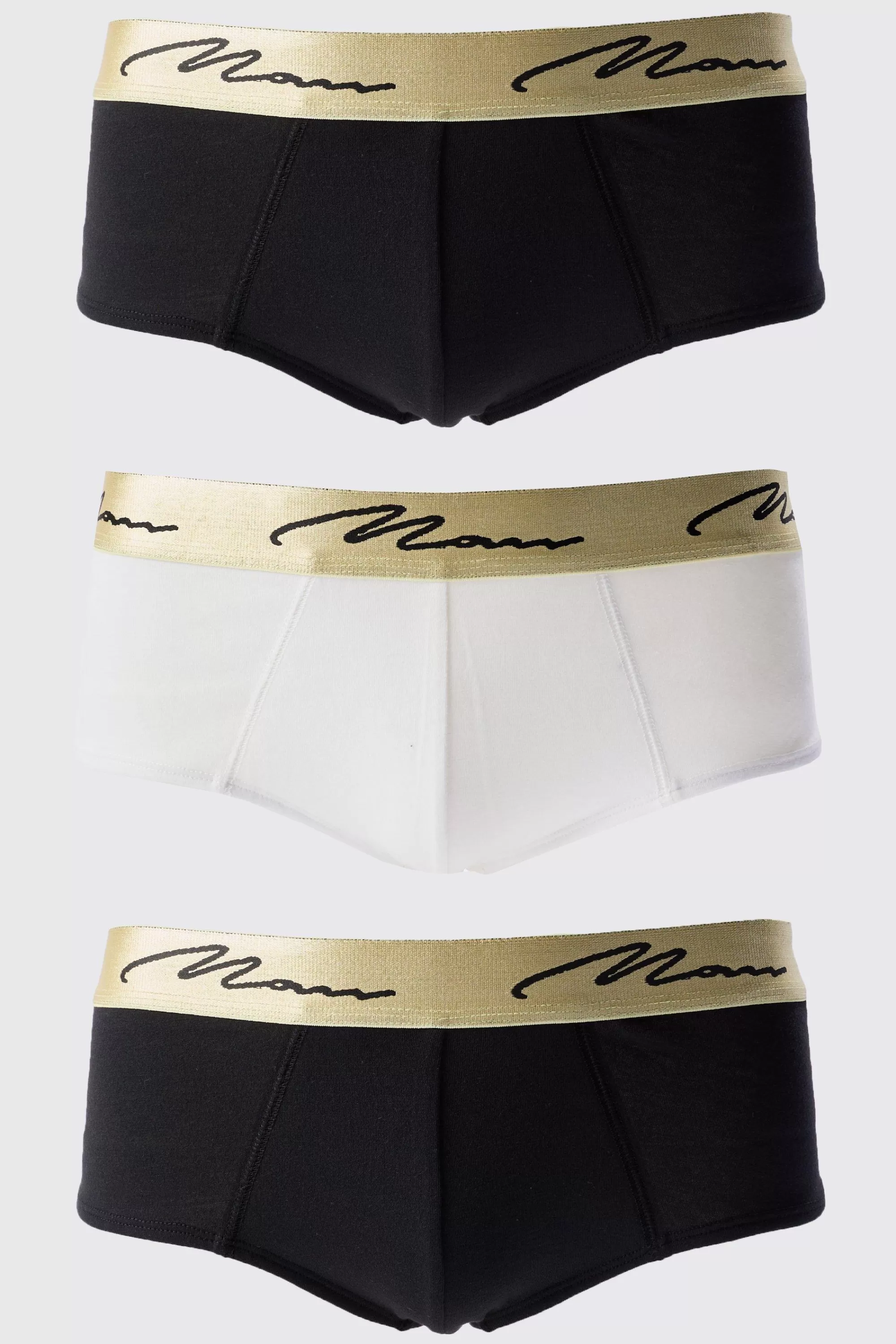 boohooMAN 3 Pack Man Signature Gold Waistband Briefs In | UK