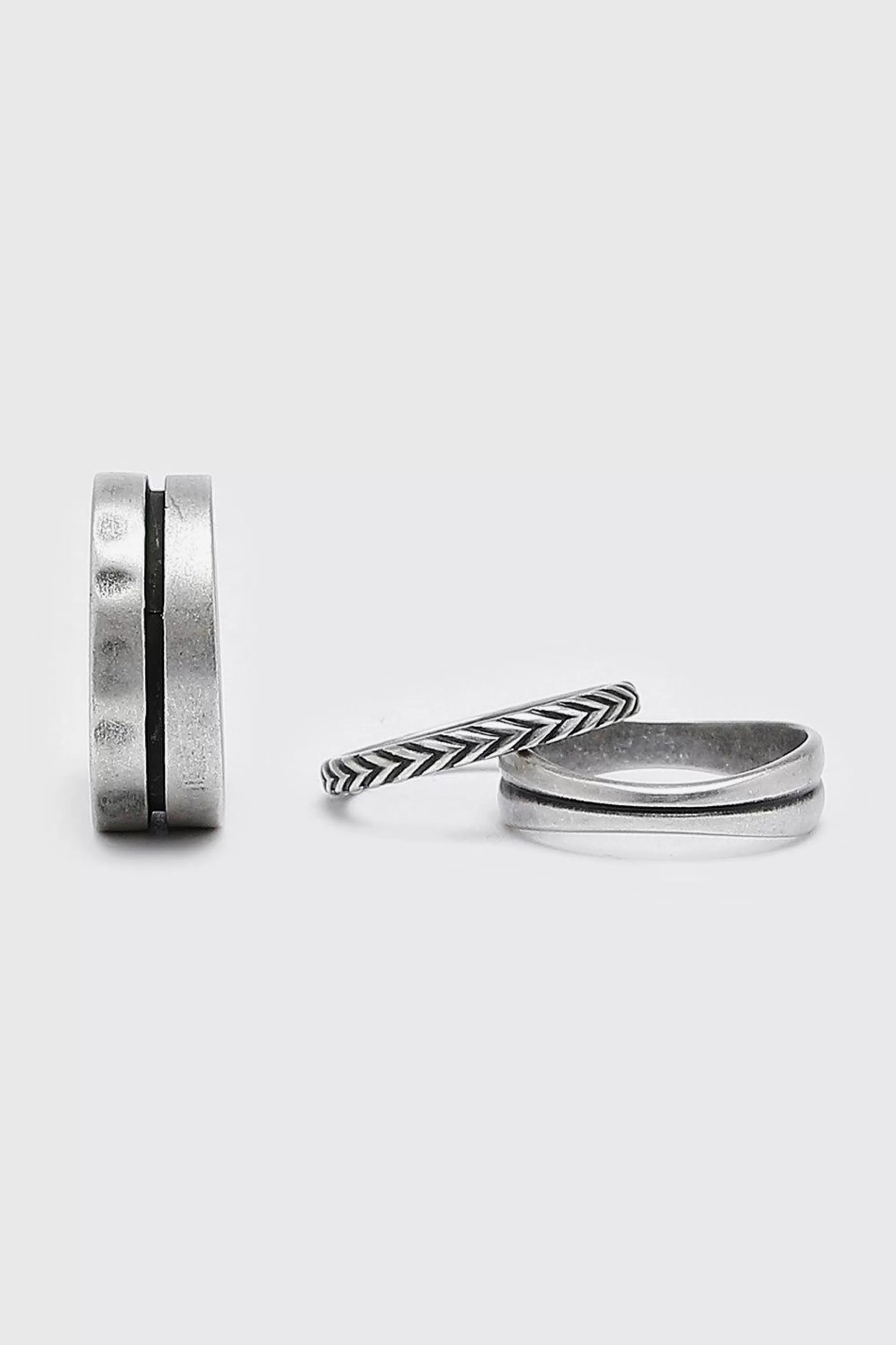 boohooMAN 3 Pack Silver Ring Set With Stripe Detail | UK