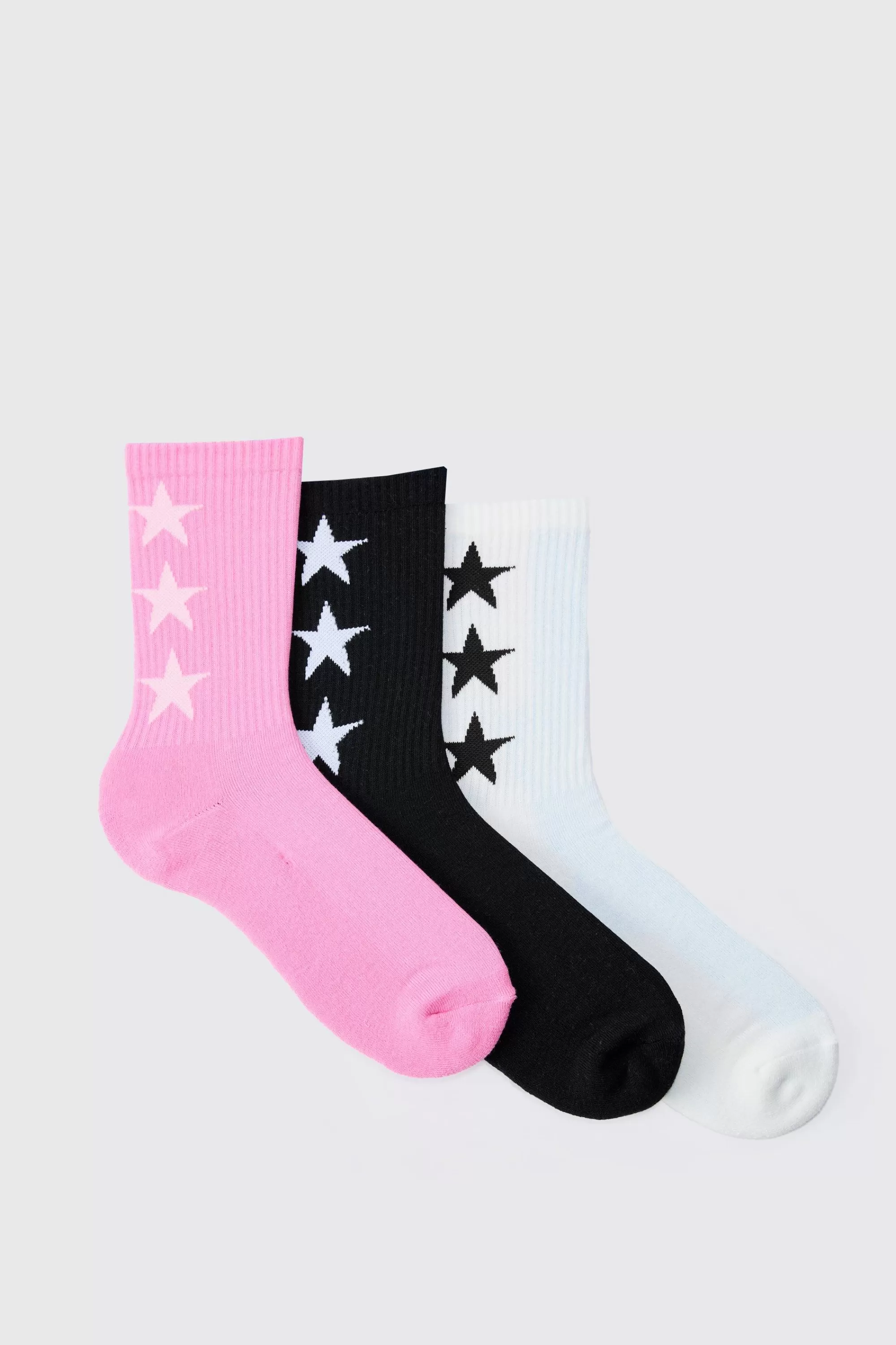 boohooMAN 3 Pack Star Graphic Ribbed Socks | UK