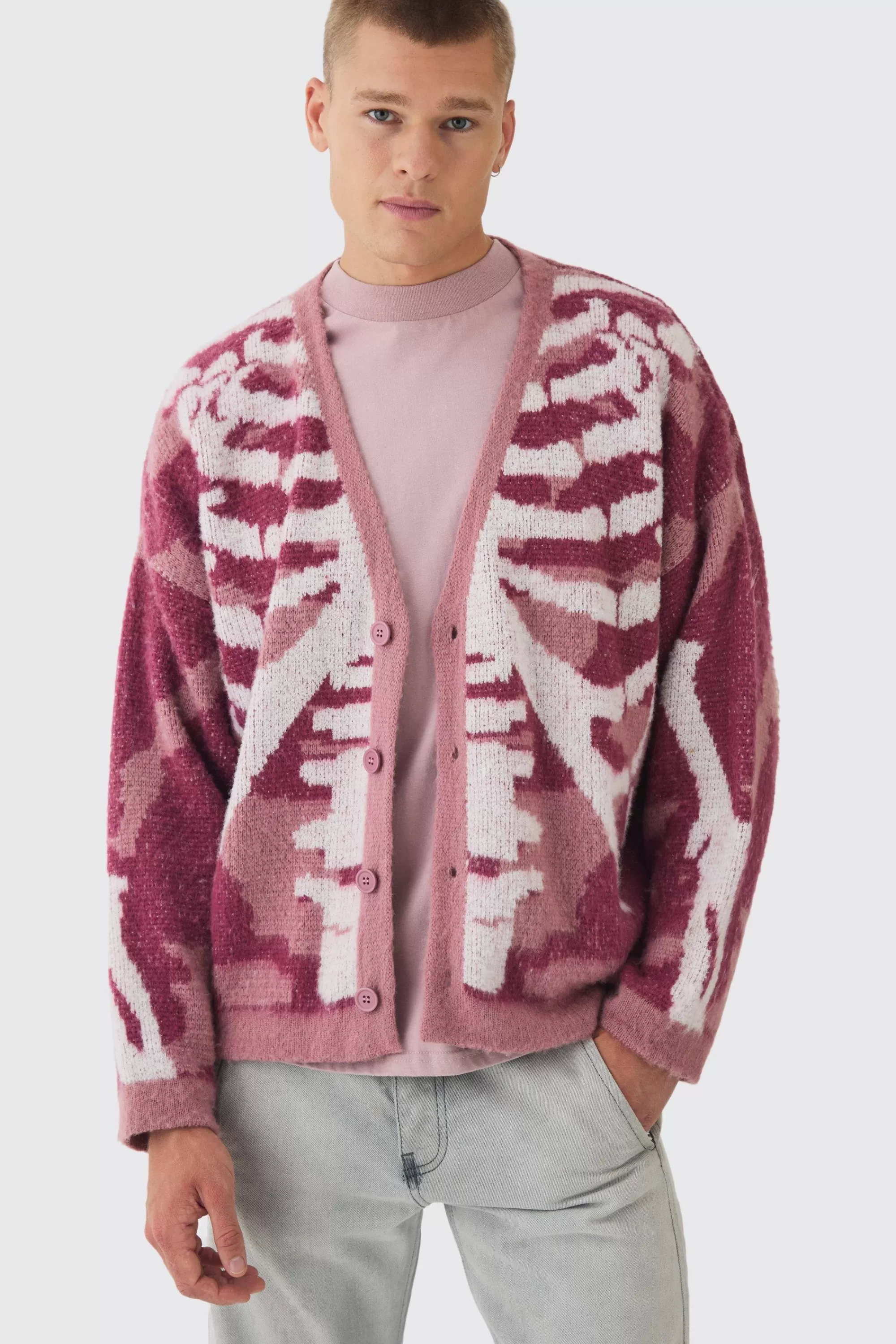 boohooMAN Abstract Camo Brushed Cardigan In | UK