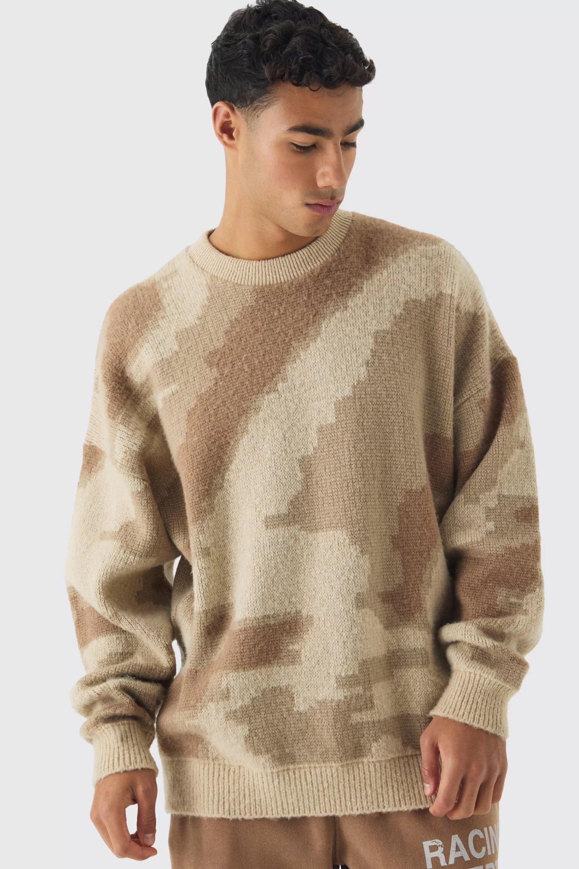 boohooMAN Abstract Camo Brushed Jumper In | UK