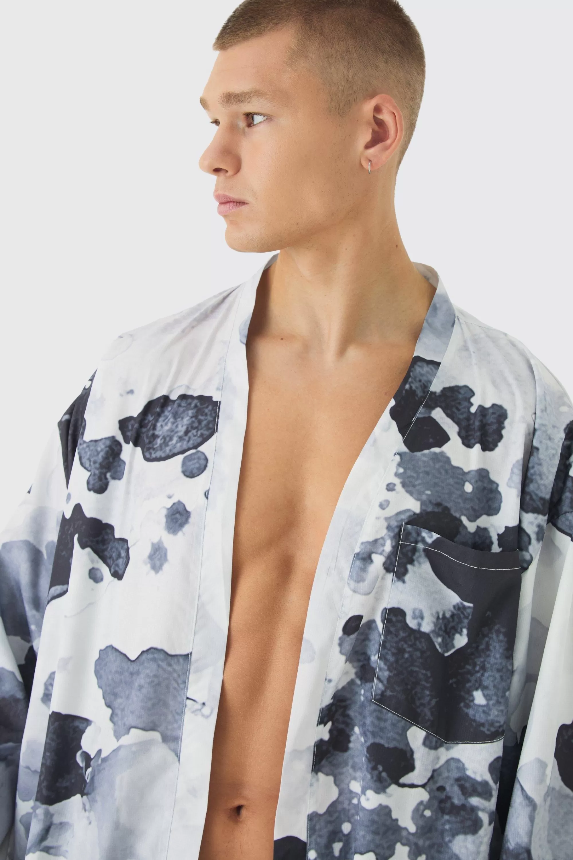 boohooMAN Abstract Print Kimono Shirt & Swim Short Set | UK