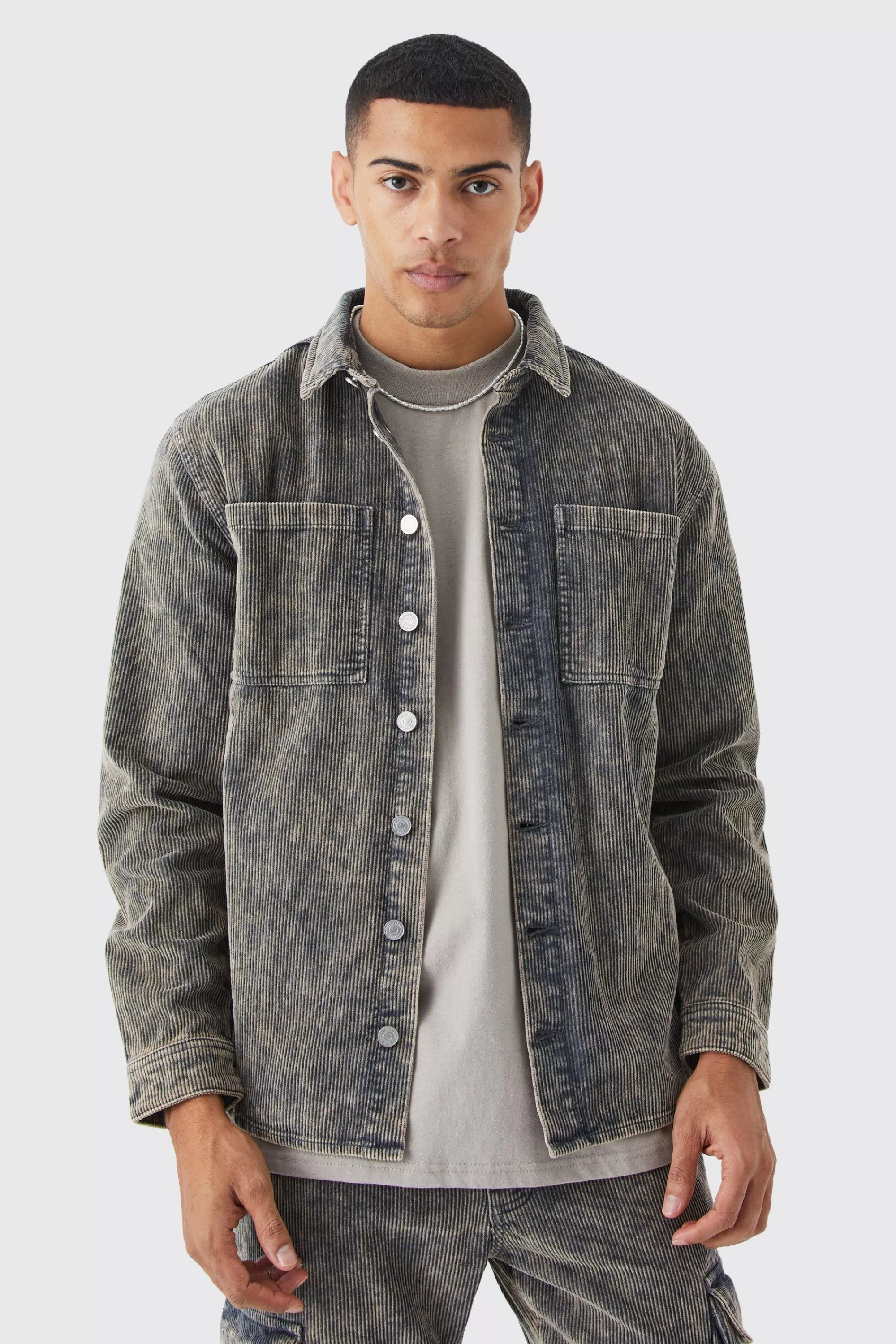 boohooMAN Acid Wash Corduroy Overshirt | UK