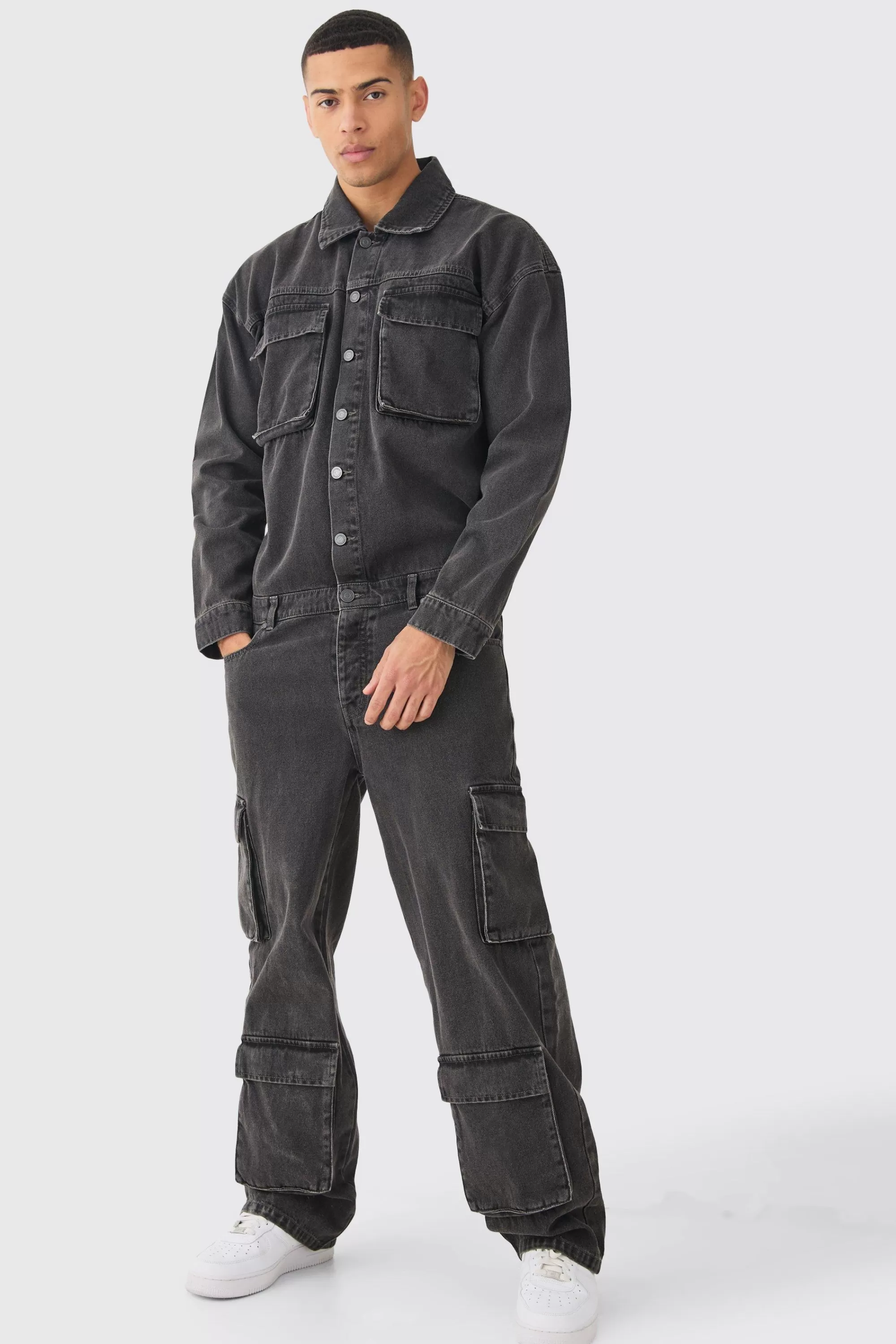 boohooMAN Acid Wash Oversized Cargo Pocket Denim Boilersuit In | UK