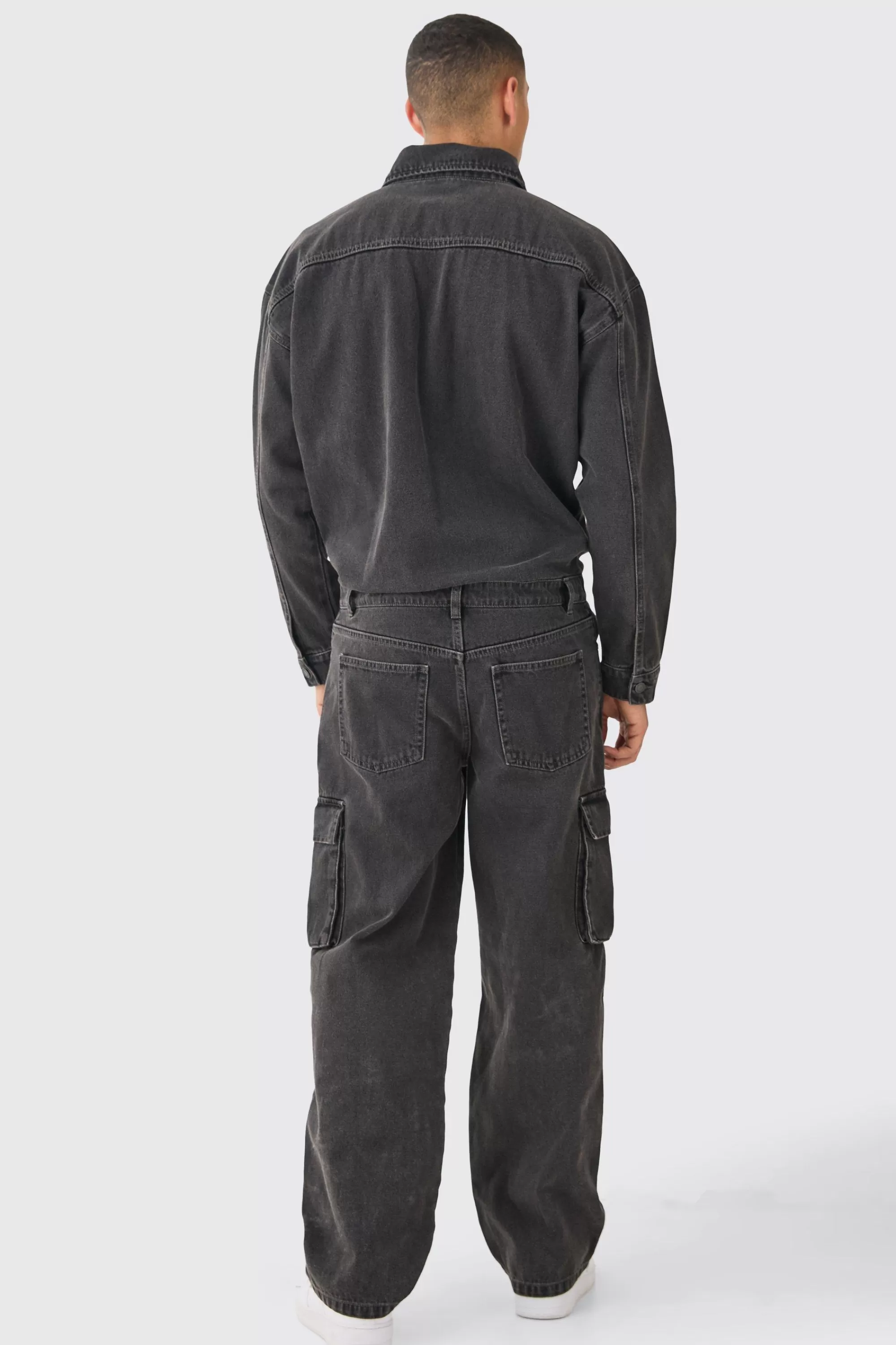 boohooMAN Acid Wash Oversized Cargo Pocket Denim Boilersuit In | UK