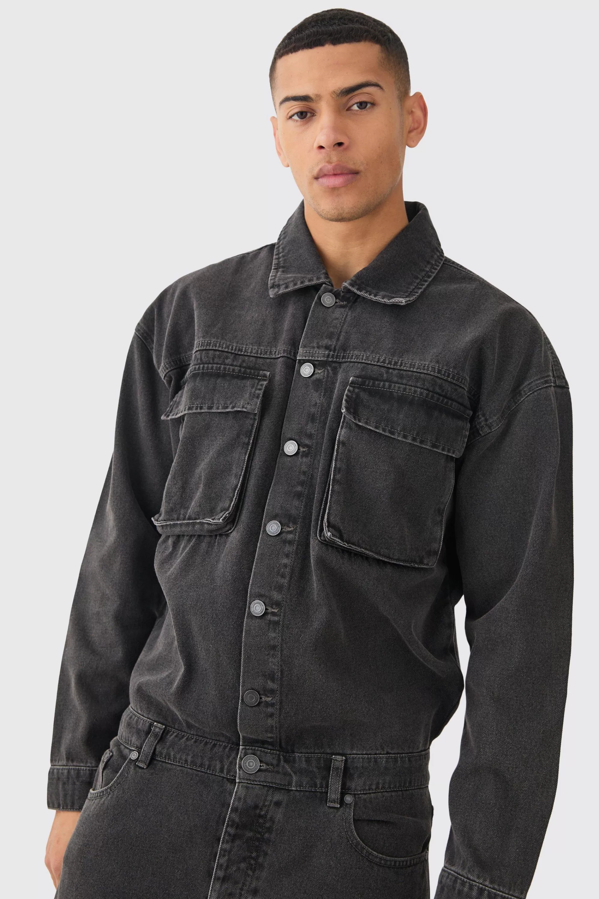 boohooMAN Acid Wash Oversized Cargo Pocket Denim Boilersuit In | UK