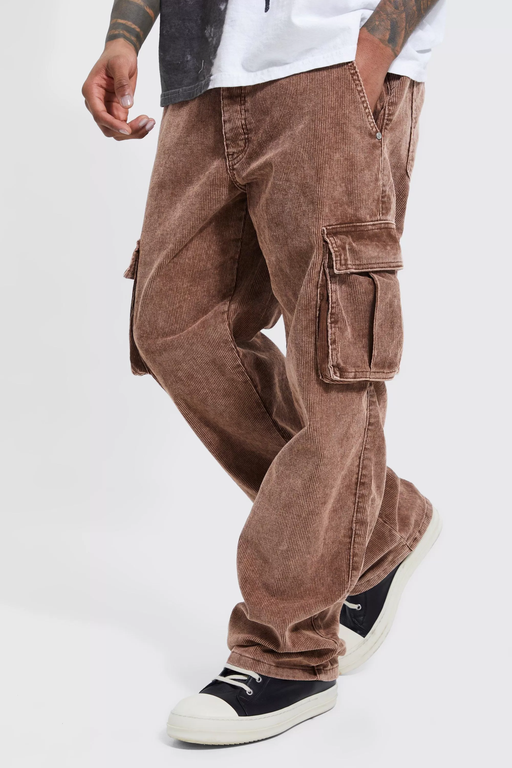 boohooMAN Acid Wash Relaxed Cord Cargo Trouser | UK