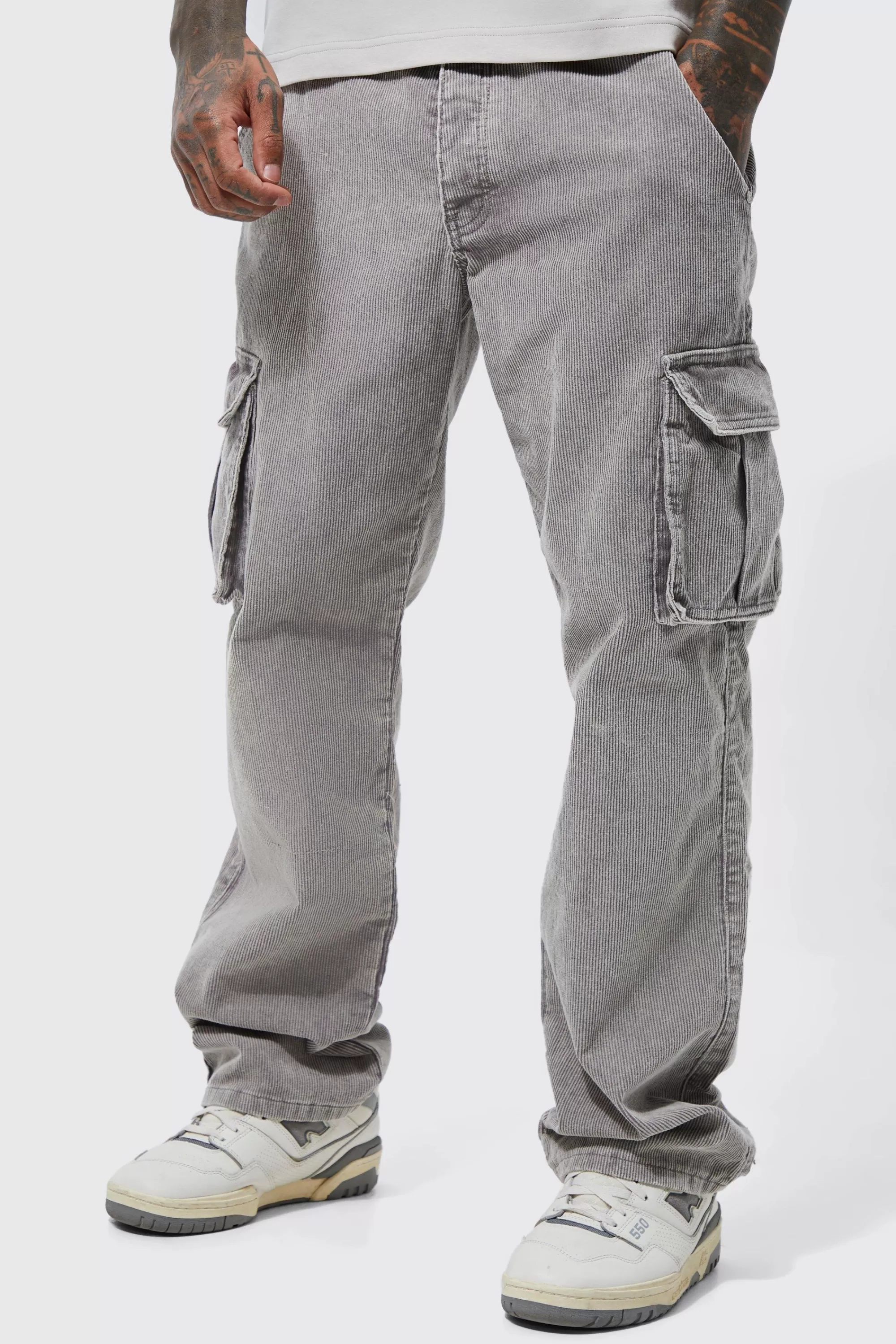 boohooMAN Acid Wash Relaxed Cord Cargo Trousers | UK