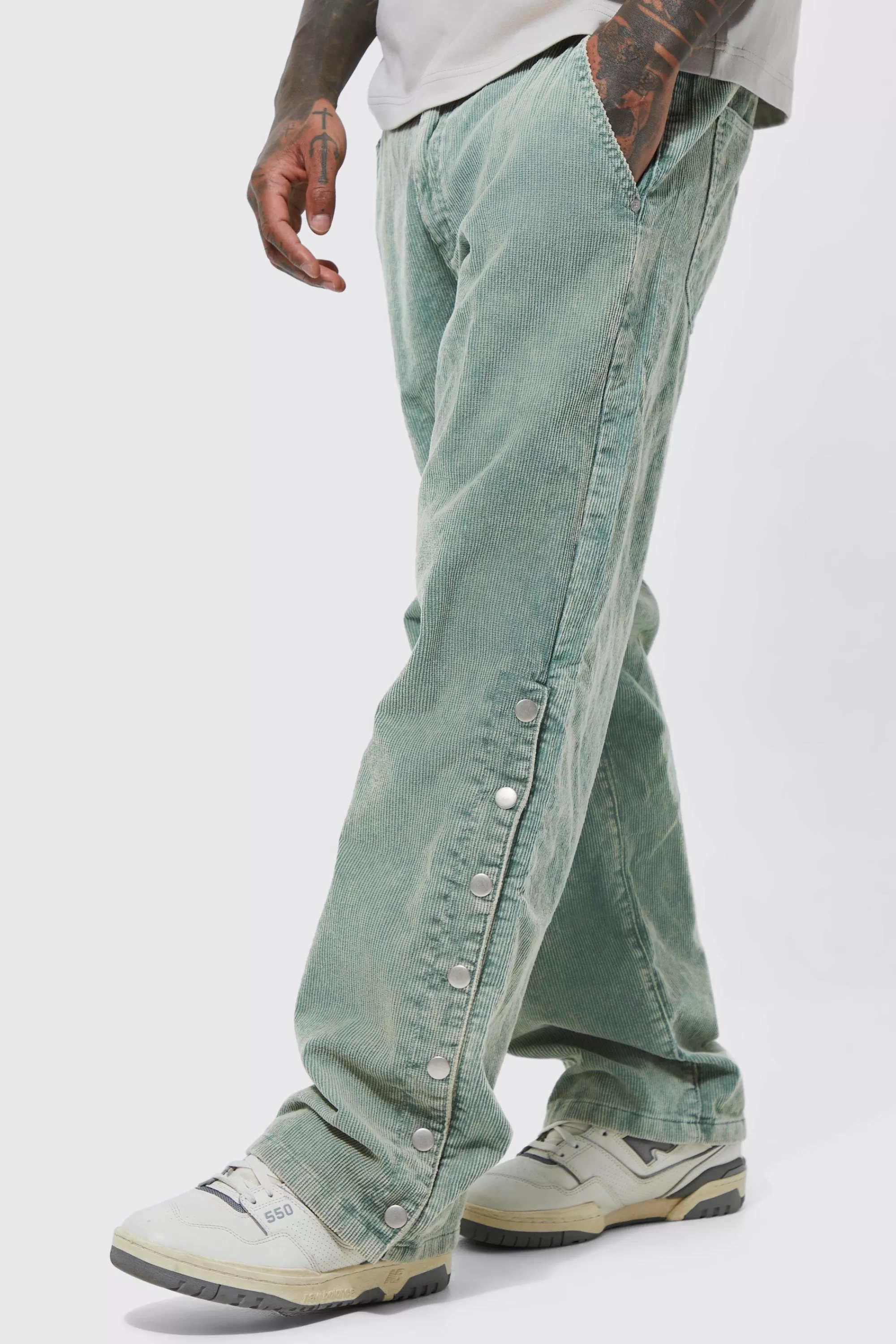 boohooMAN Acid Wash Relaxed Fit Popper Corduroy Trousers | UK
