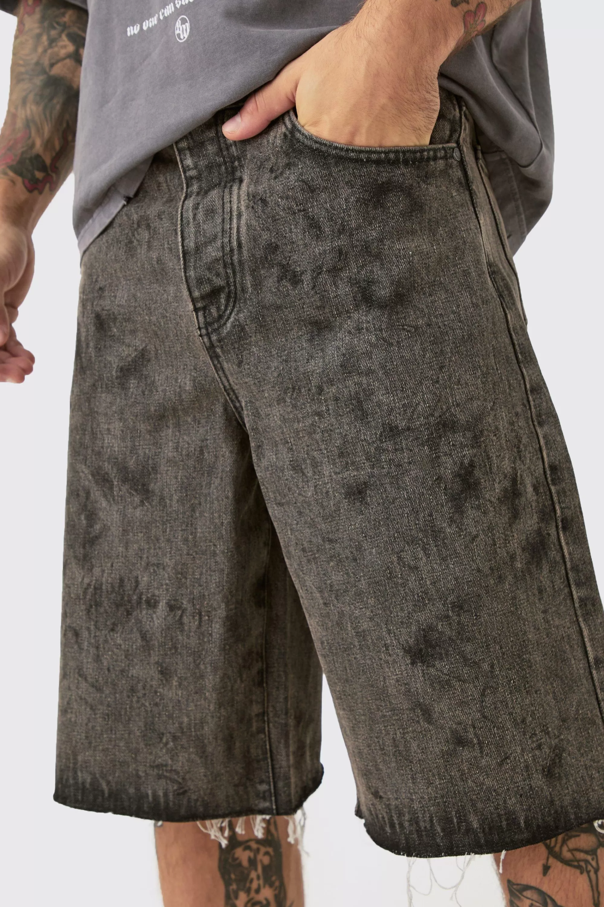 boohooMAN Acid Washed Denim Jorts In | UK