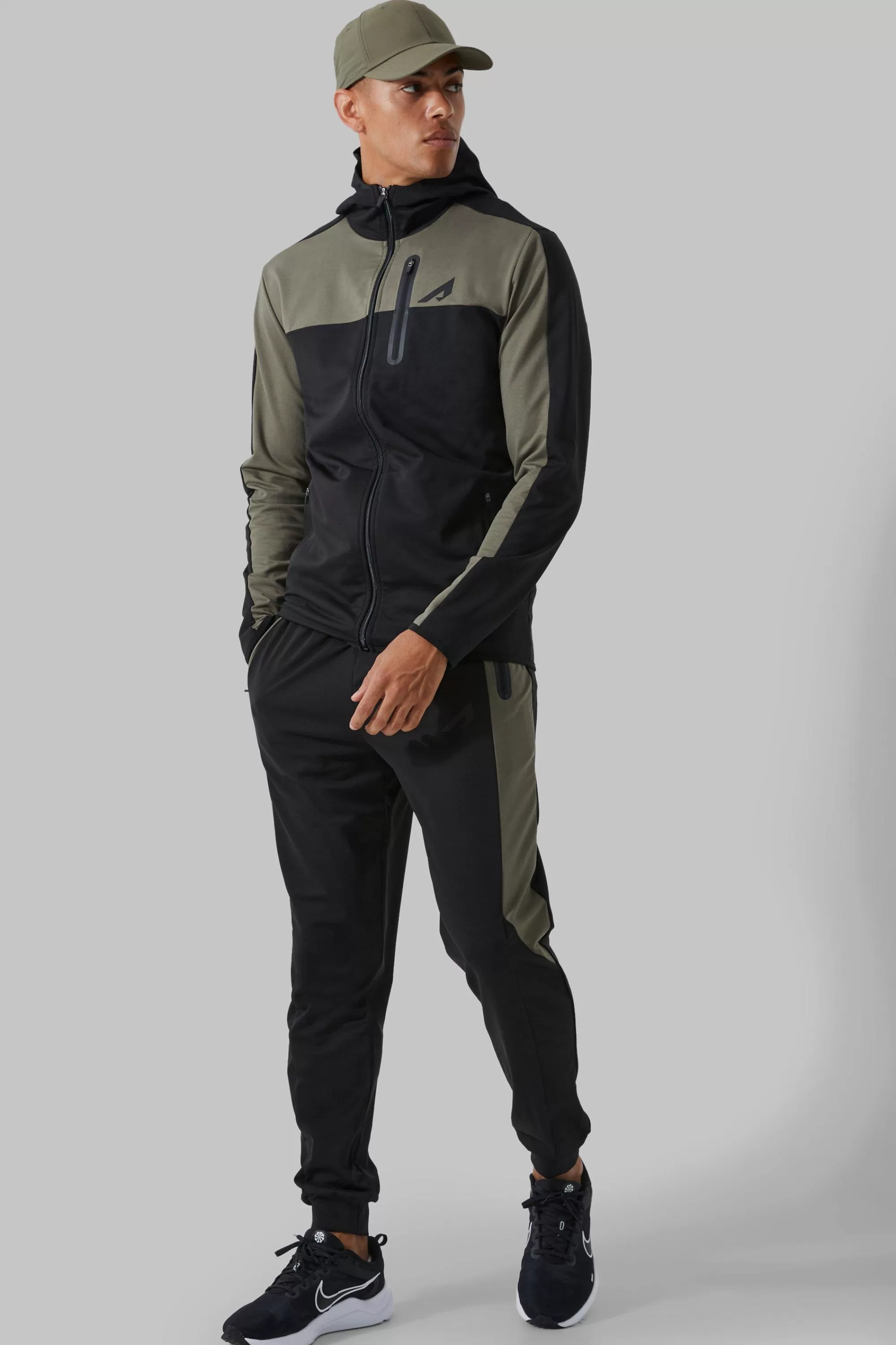 boohooMAN Active Colour Block Funnel Hooded Tracksuit | UK