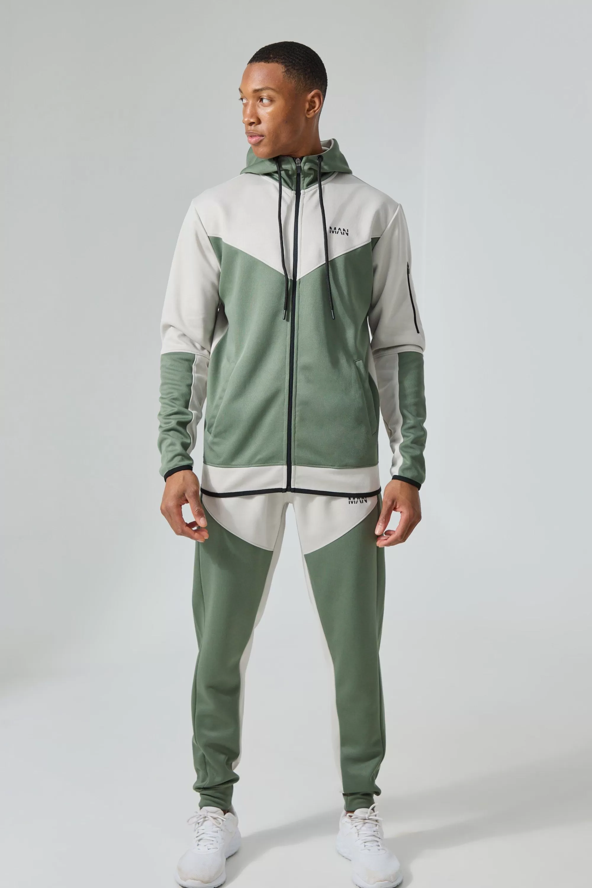 boohooMAN Active Colour Block Funnel Hooded Tracksuit | UK