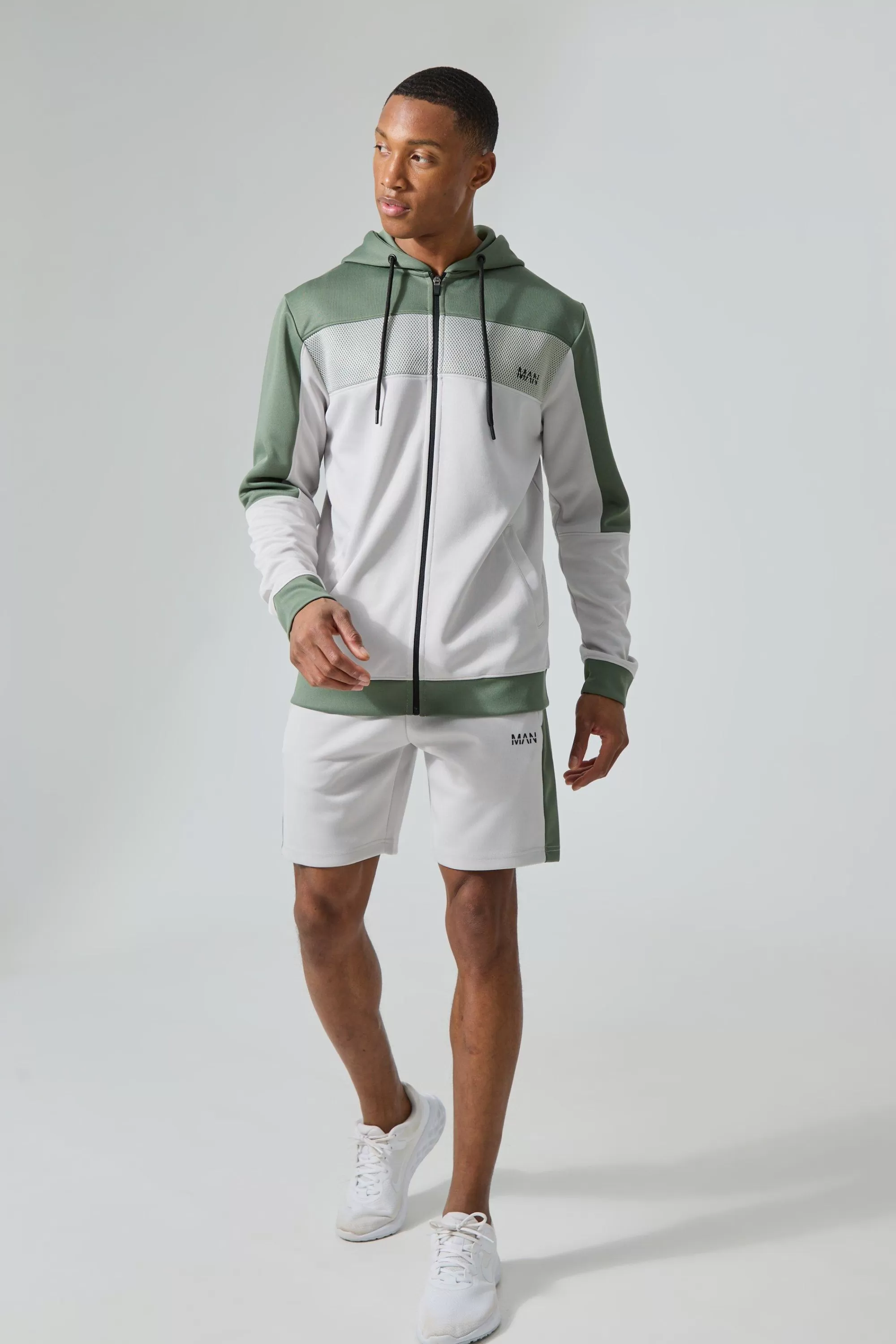 boohooMAN Active Scuba Mesh Panel Zip Through Short Tracksuit | UK