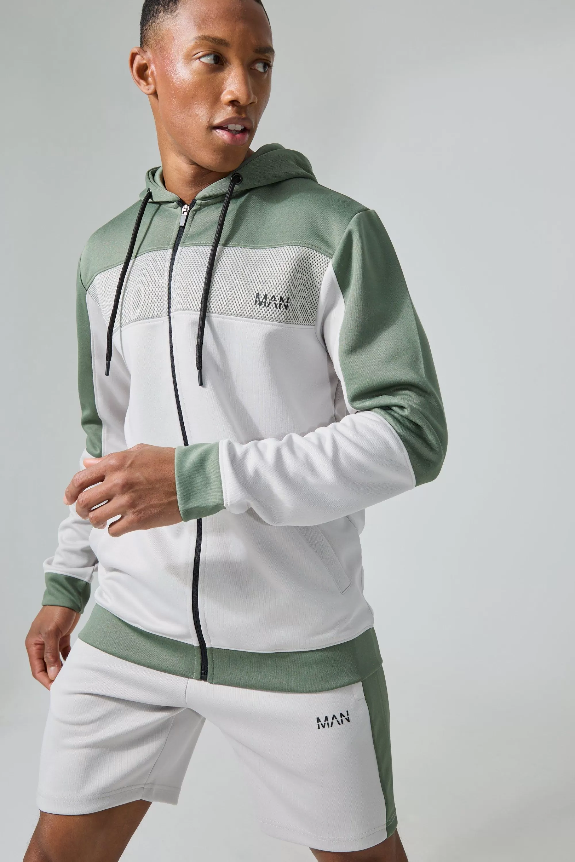 boohooMAN Active Scuba Mesh Panel Zip Through Short Tracksuit | UK