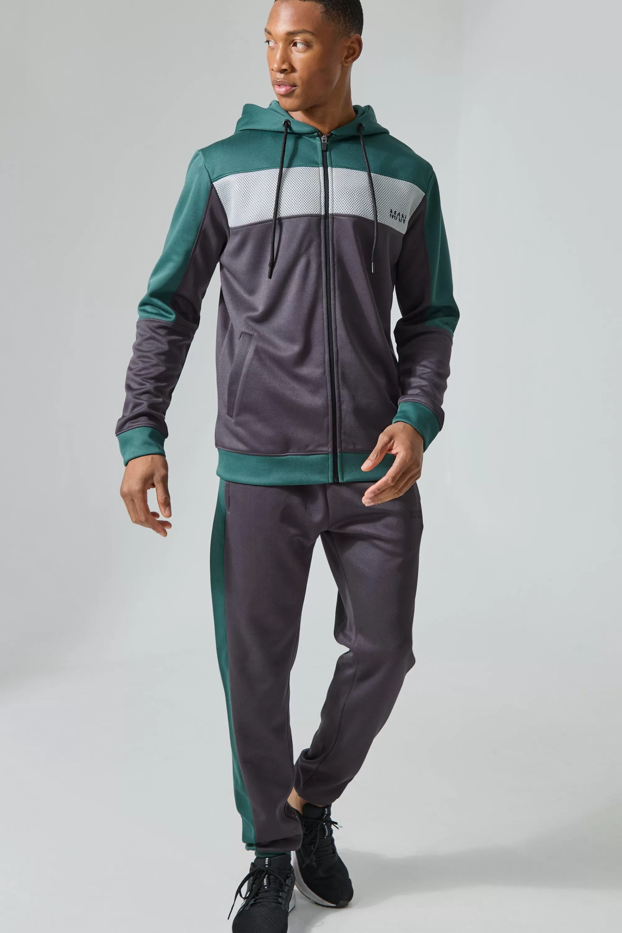 boohooMAN Active Scuba Mesh Panel Zip Through Tracksuit | UK