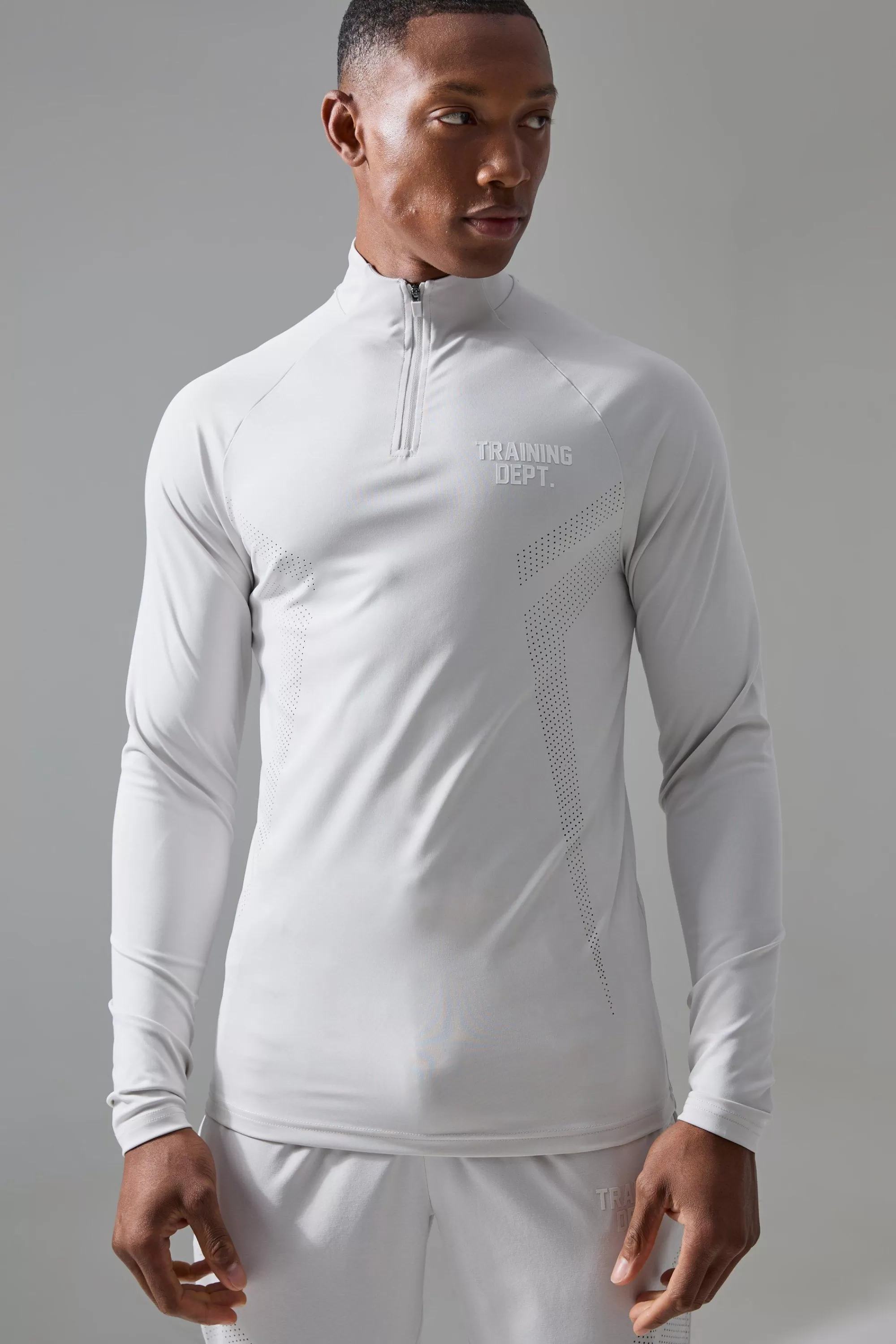 boohooMAN Active Training Dept Perforated Slim Fit 1/4 Zip Top | UK
