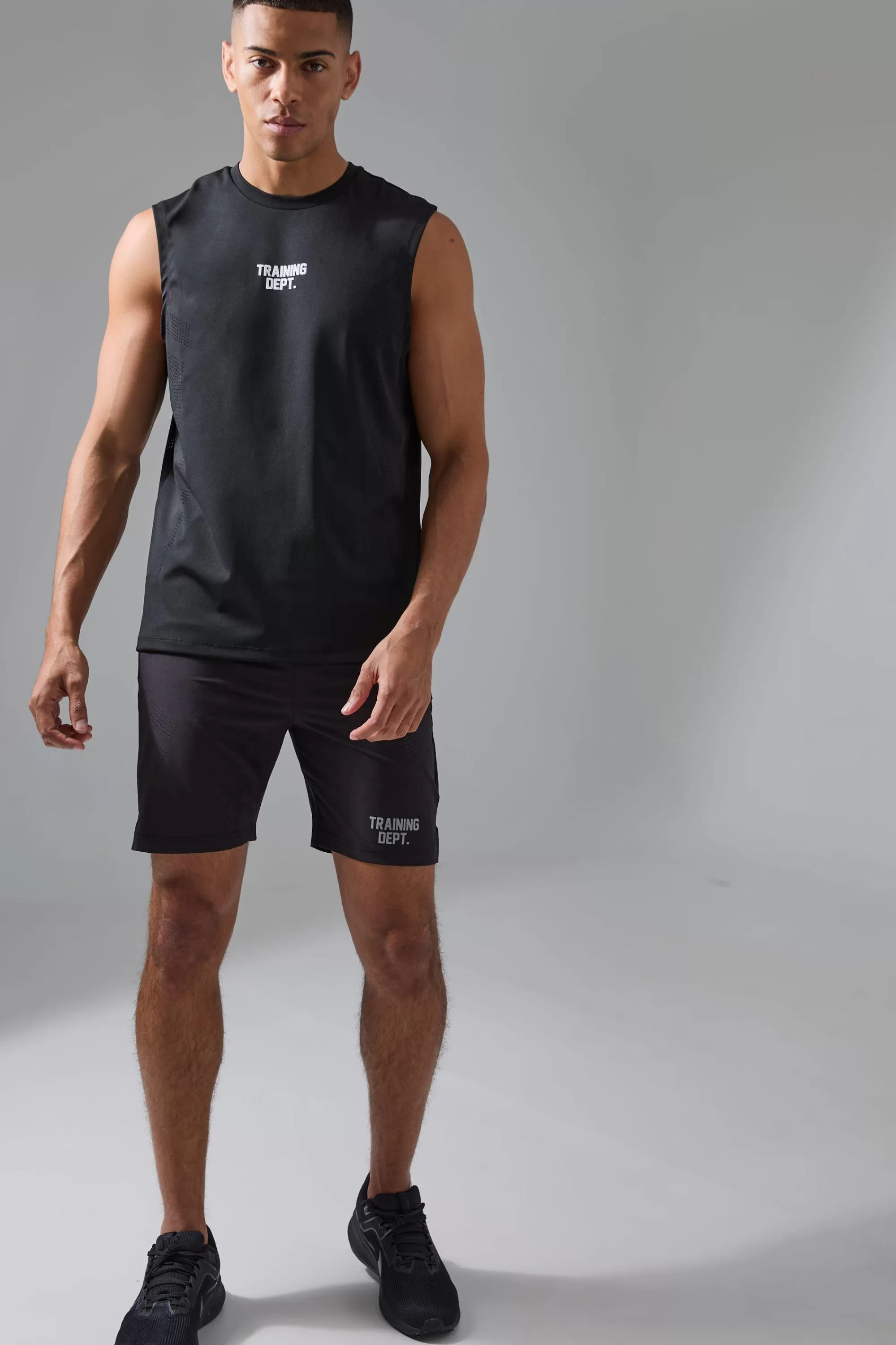 boohooMAN Active Training Dept Perforated Tank & Short Set | UK