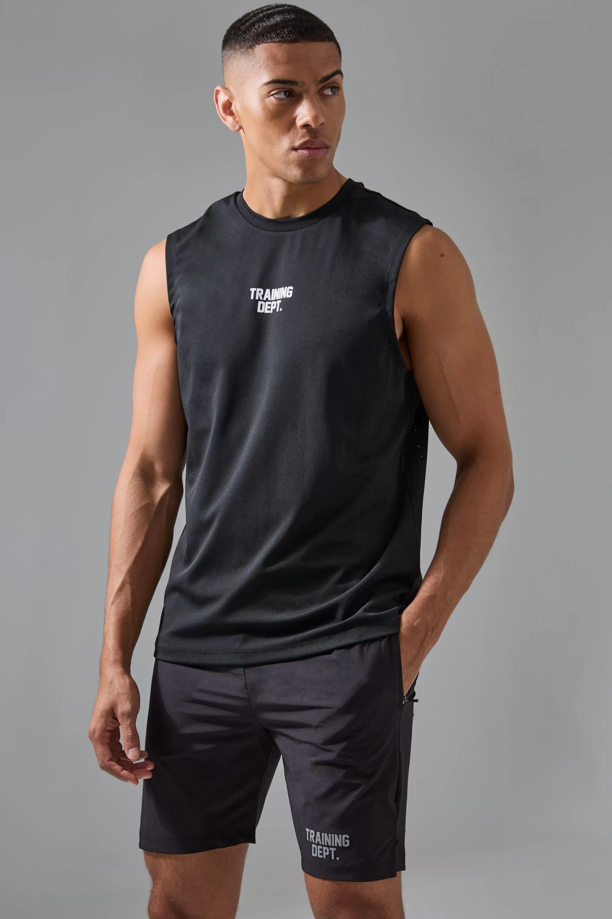 boohooMAN Active Training Dept Perforated Tank & Short Set | UK