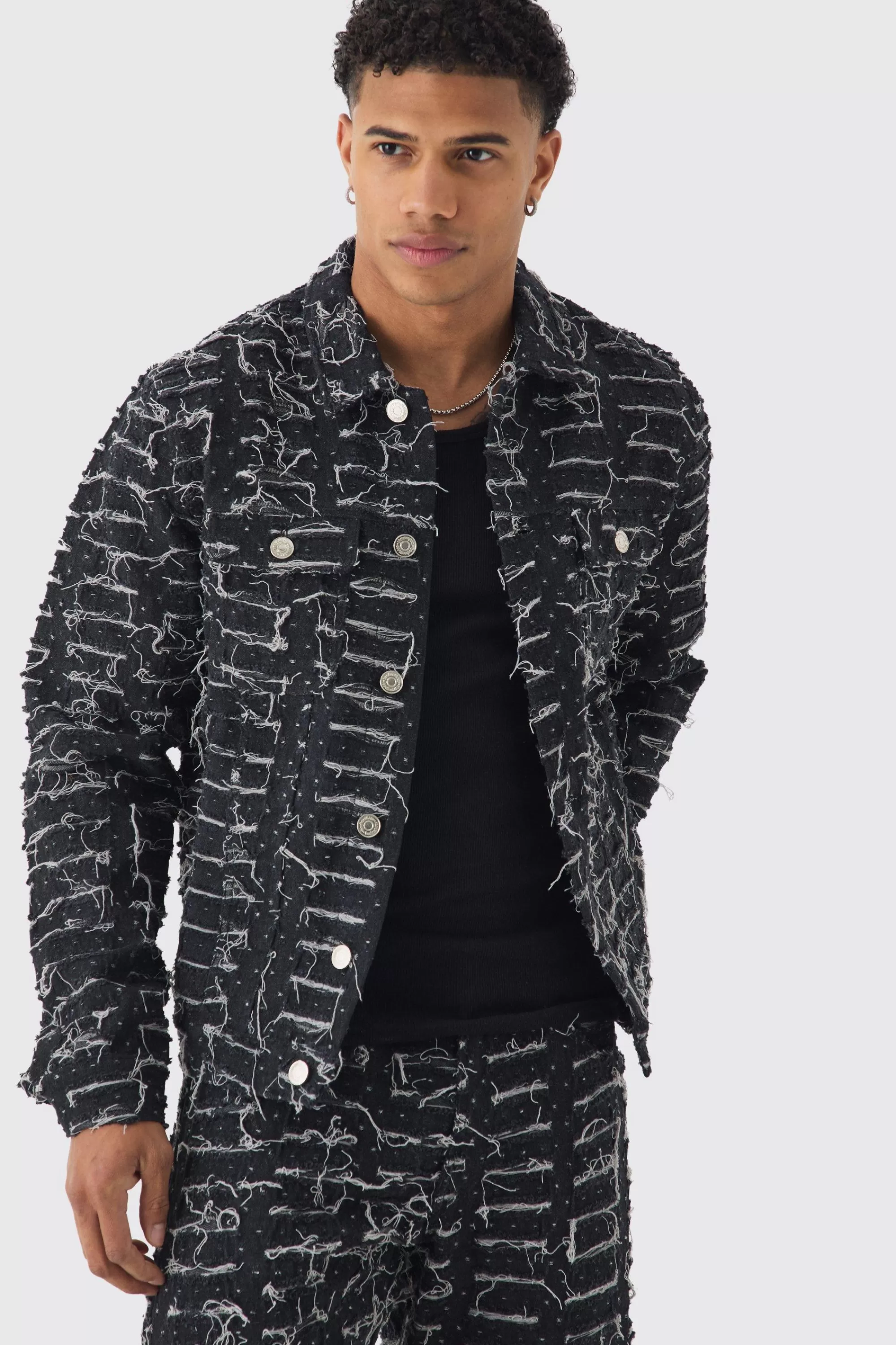 boohooMAN All Over Distressed Denim Jacket | UK