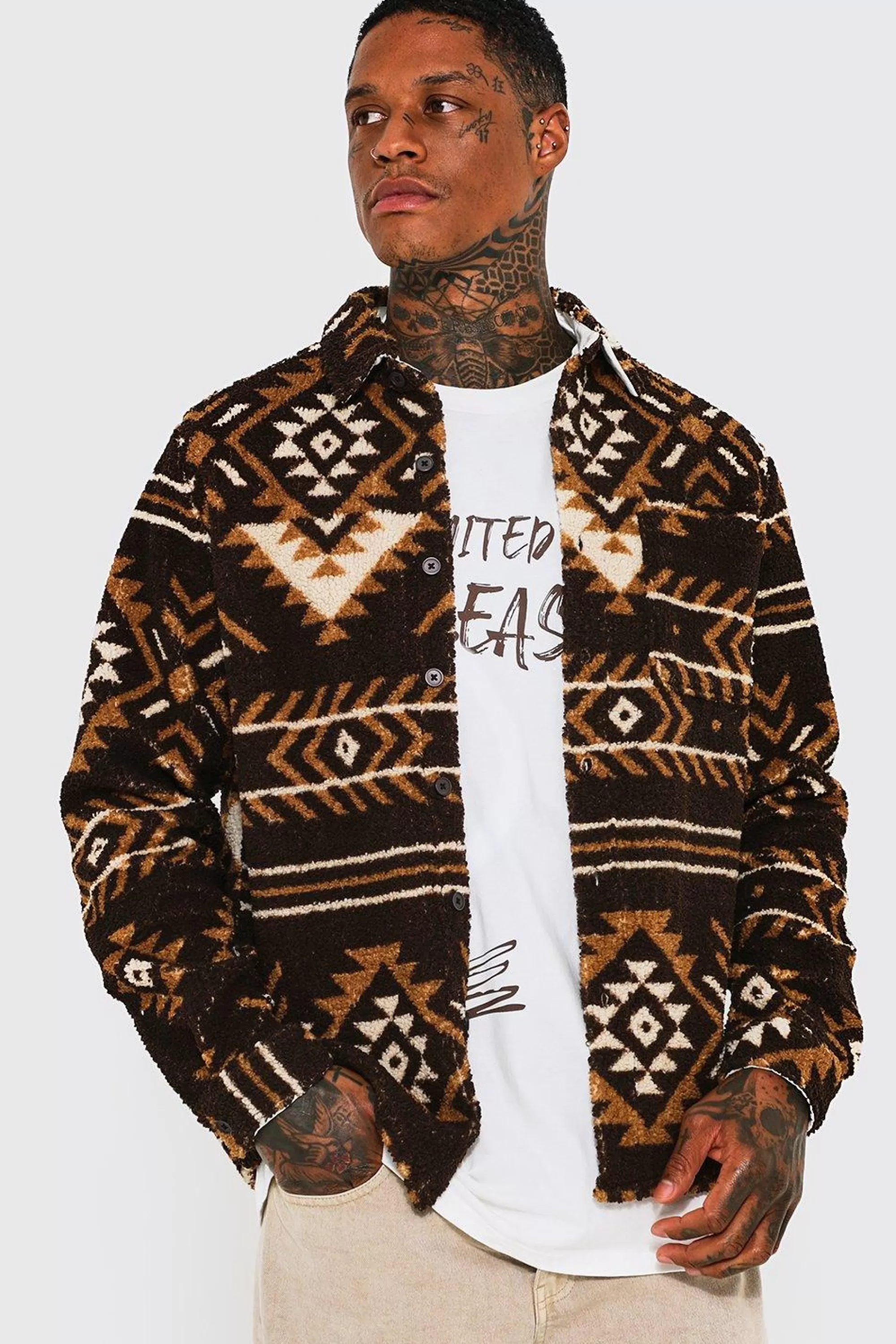 boohooMAN Aztec Print Borg Overshirt | UK