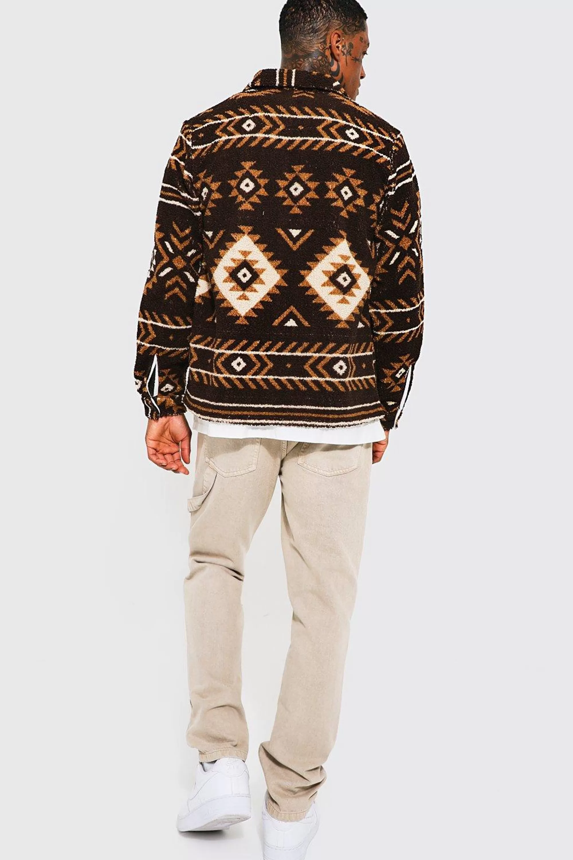 boohooMAN Aztec Print Borg Overshirt | UK