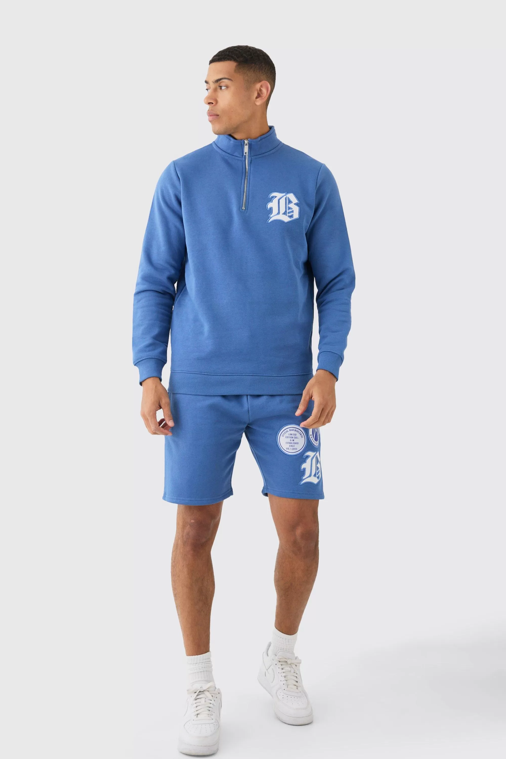 boohooMAN B Applique Funnel Neck Short Tracksuit | UK