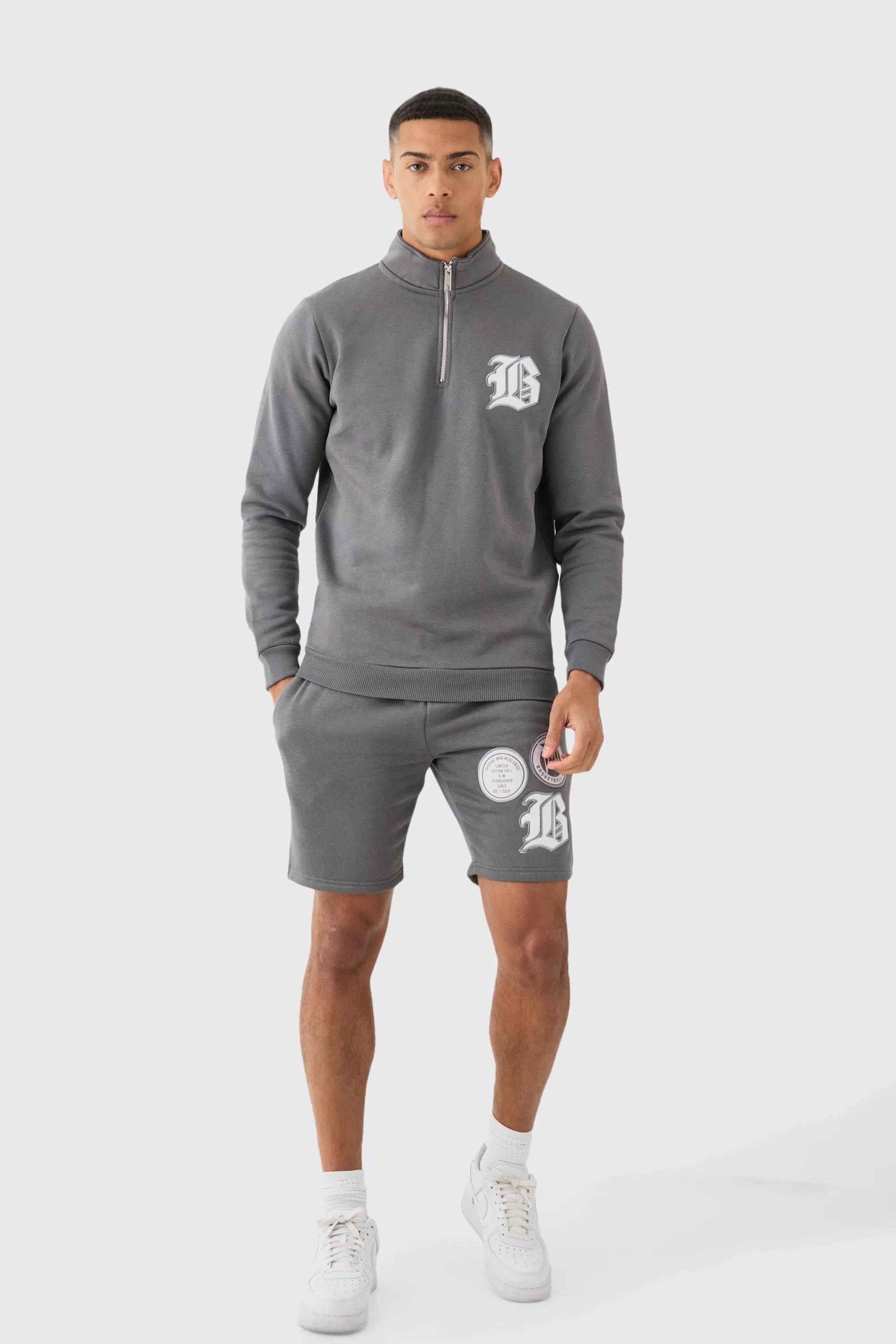 boohooMAN B Applique Funnel Neck Short Tracksuit | UK