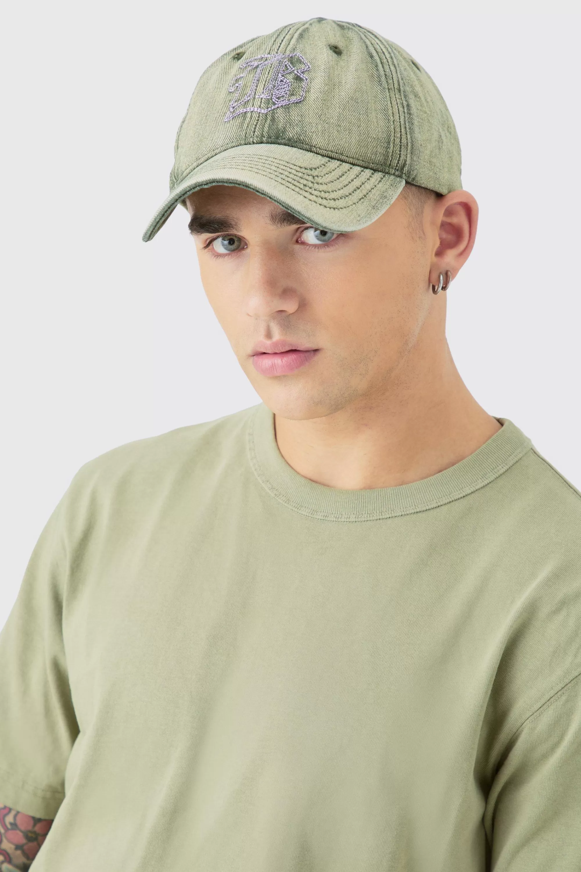 boohooMAN B Embroidered Washed Denim Cap In | UK