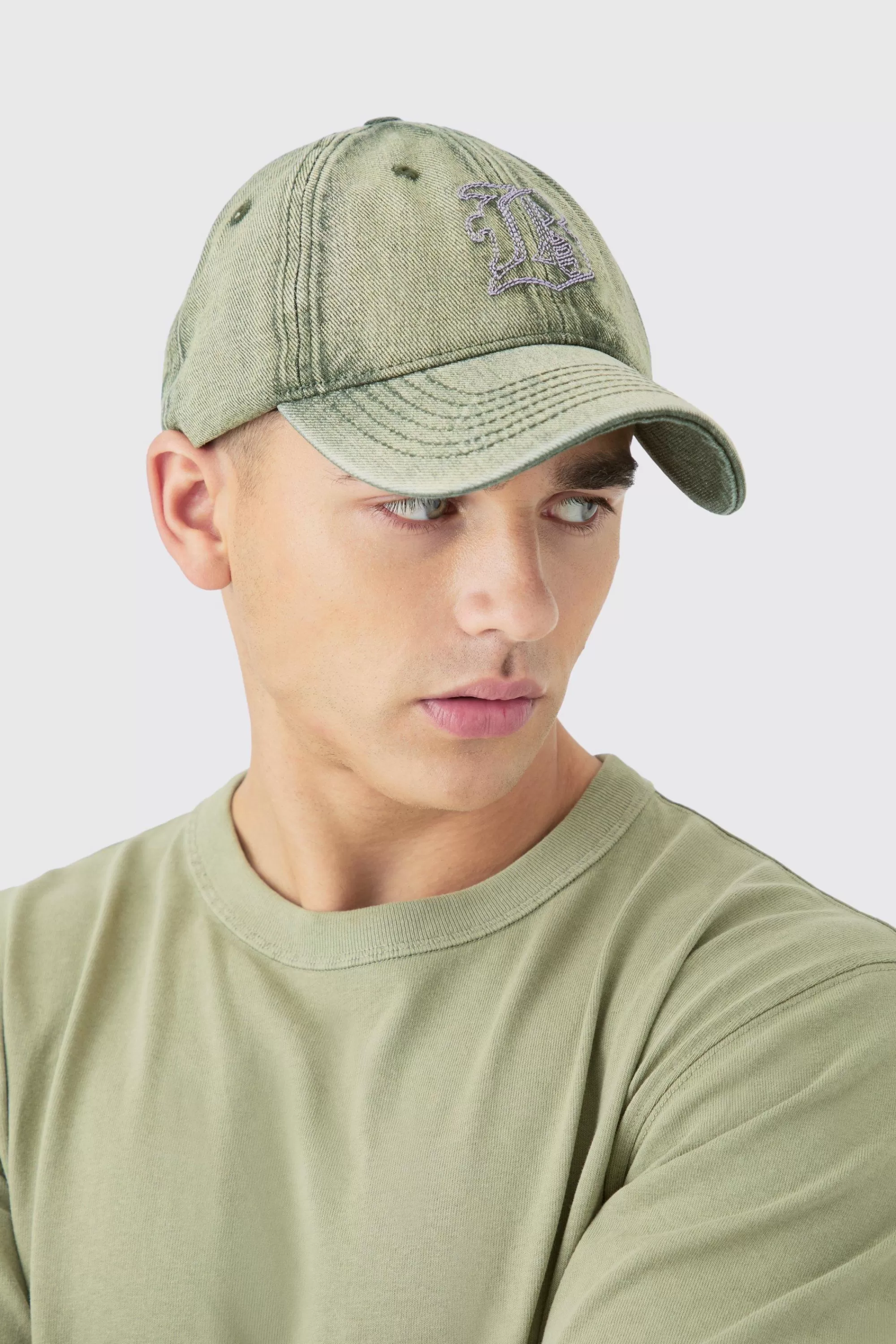 boohooMAN B Embroidered Washed Denim Cap In | UK