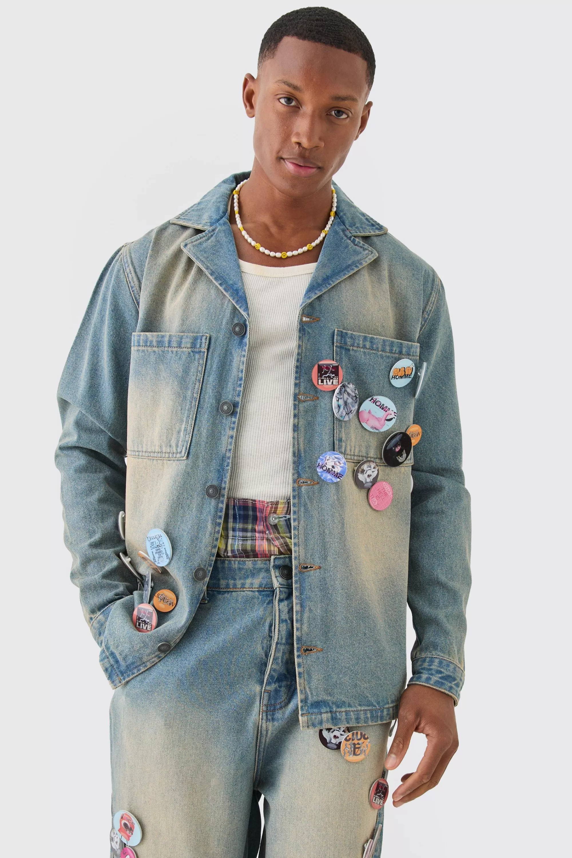 boohooMAN Badge Detail Revere Collar Denim Overshirt | UK