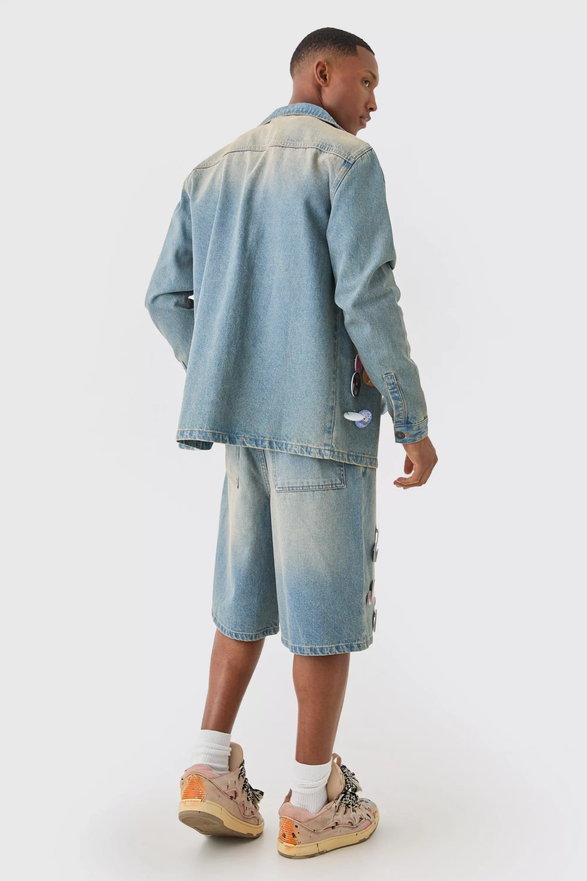 boohooMAN Badge Detail Revere Collar Denim Overshirt | UK