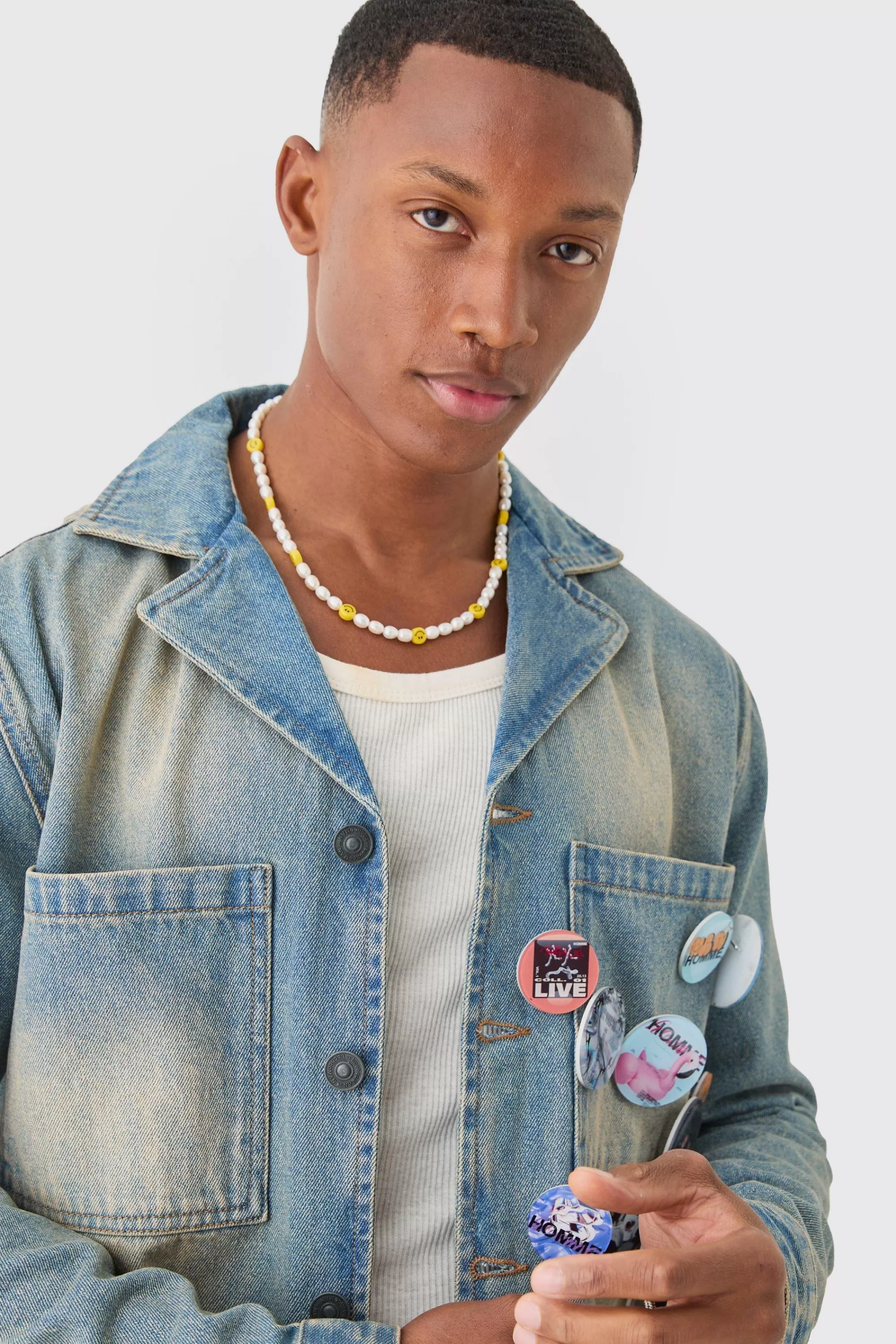boohooMAN Badge Detail Revere Collar Denim Overshirt | UK