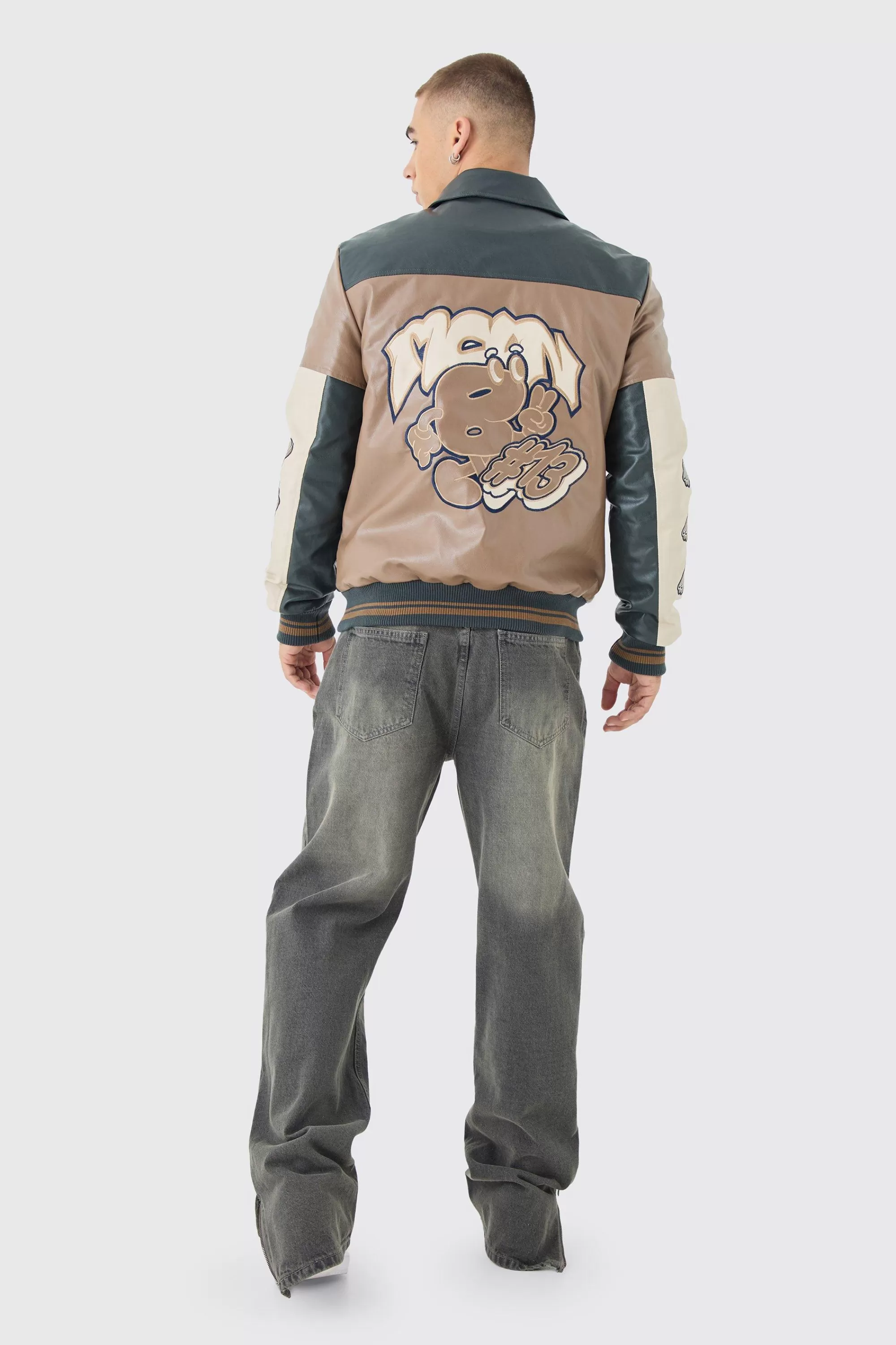 boohooMAN Badge Detail Colour Block Pu Varsity Jacket In | UK