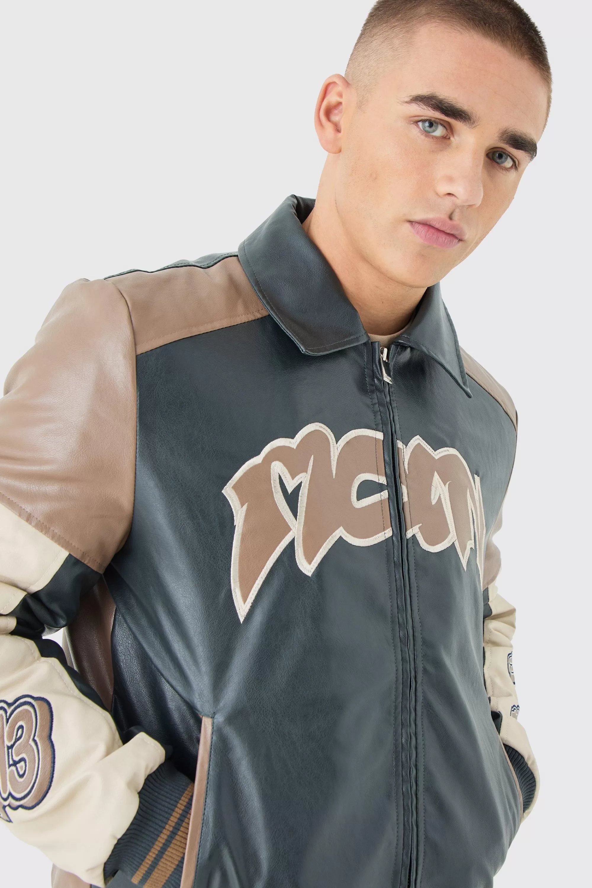 boohooMAN Badge Detail Colour Block Pu Varsity Jacket In | UK