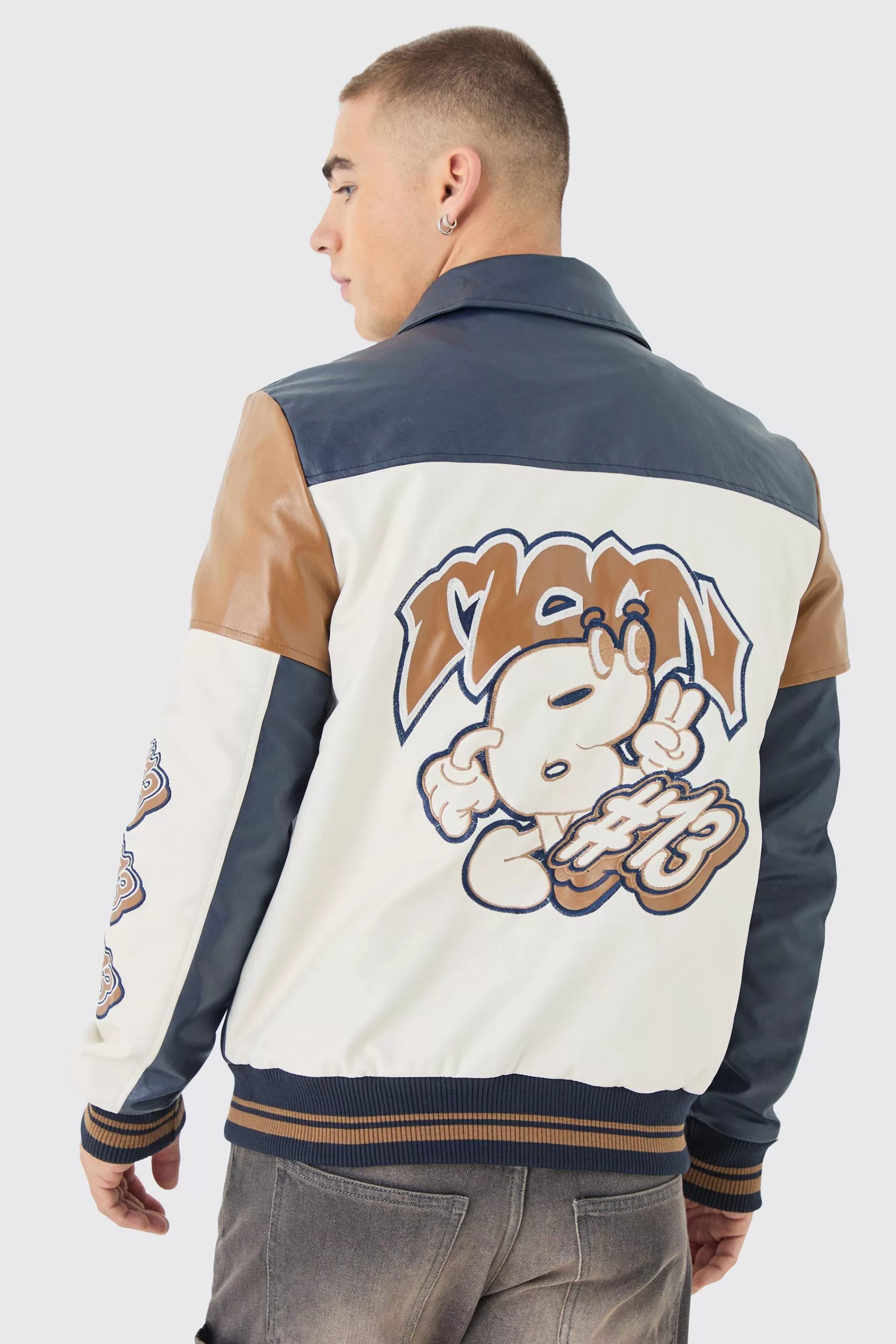 boohooMAN Badge Detail Colour Block Pu Varsity Jacket In | UK