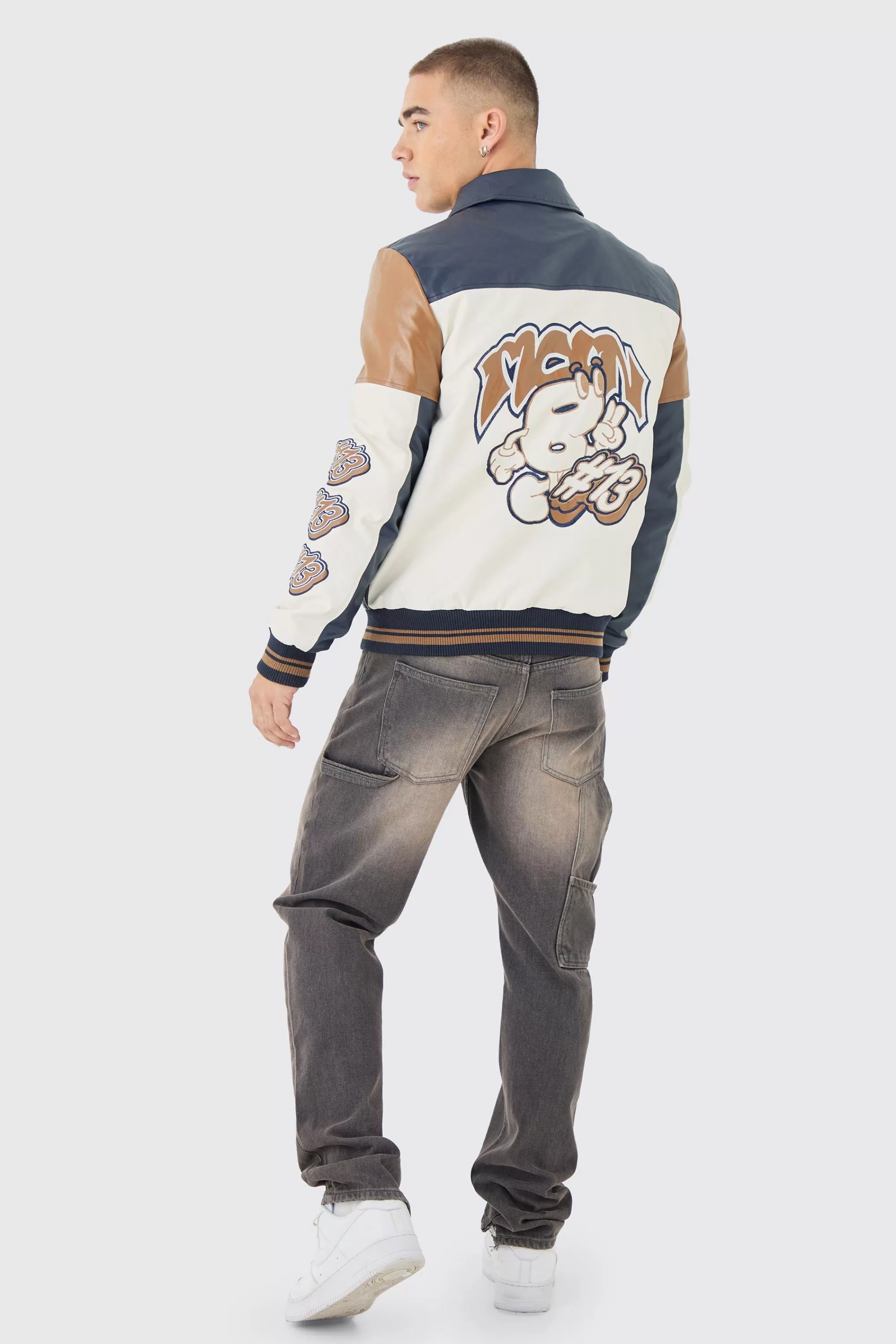 boohooMAN Badge Detail Colour Block Pu Varsity Jacket In | UK